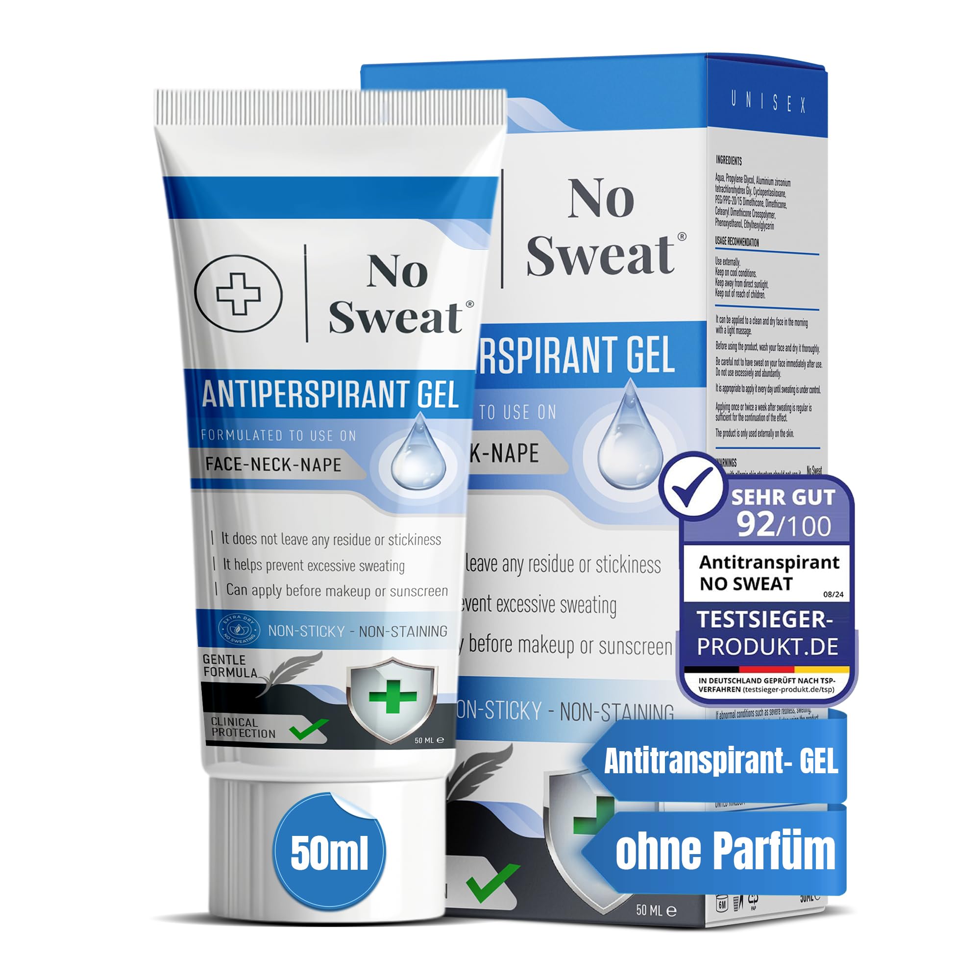 No Sweat Gel Antitraspirante 50 Ml Per Viso, Collo, Nuca - Previene Eccessiva Sudorazione E Lucentezza - Adatto Per Lavoro Attivo E Palestra-image