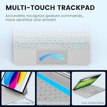 RAYMCRAFT for iPad 11th(A16, 2025)/10th Generation Case with Keyboard, Magic Keyboard 2022, Springy Backlit Keys, Stain-Resistant Surface, Multi-Touch Trackpad, White