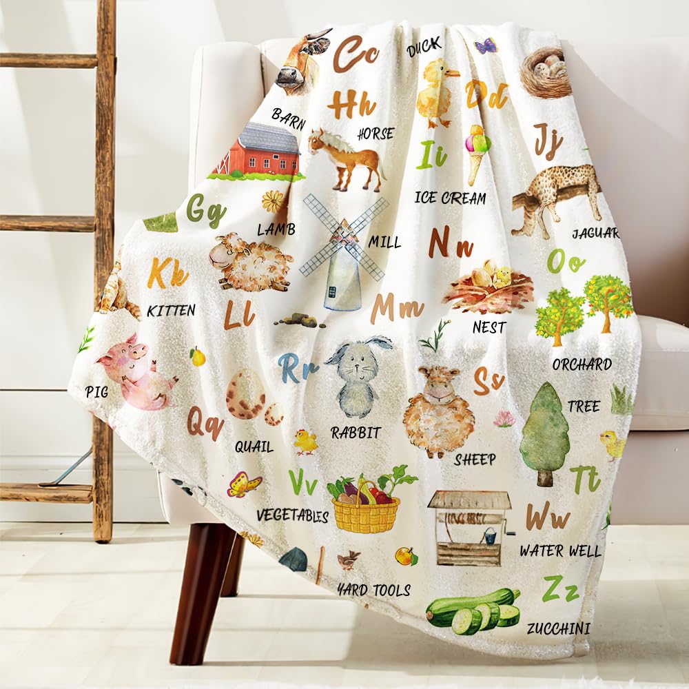 Farm Animals Print Throw Blanket, Alphabet Learning Cozy Warm Bed Couch Blanket, Cute Kids Decor White Fleece Flannel Throws to Decorate The Room and Bedroom
