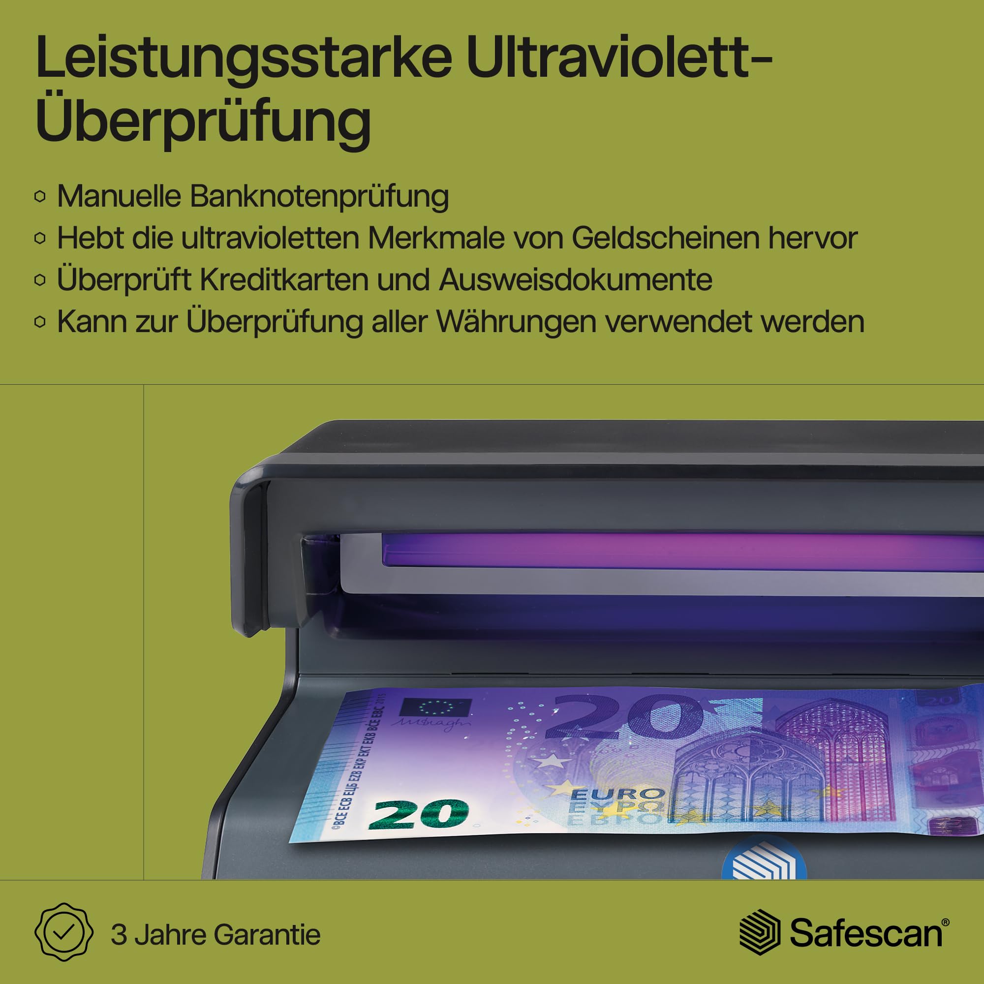 Safescan 50 UV-Falschgeldprüfgerät zur Prüfung von Banknoten, Kreditkarten und Ausweisen - UV-Geldscheinprüfer für neue Banknoten mit UV-Licht - UV-Geldscheinprüfer