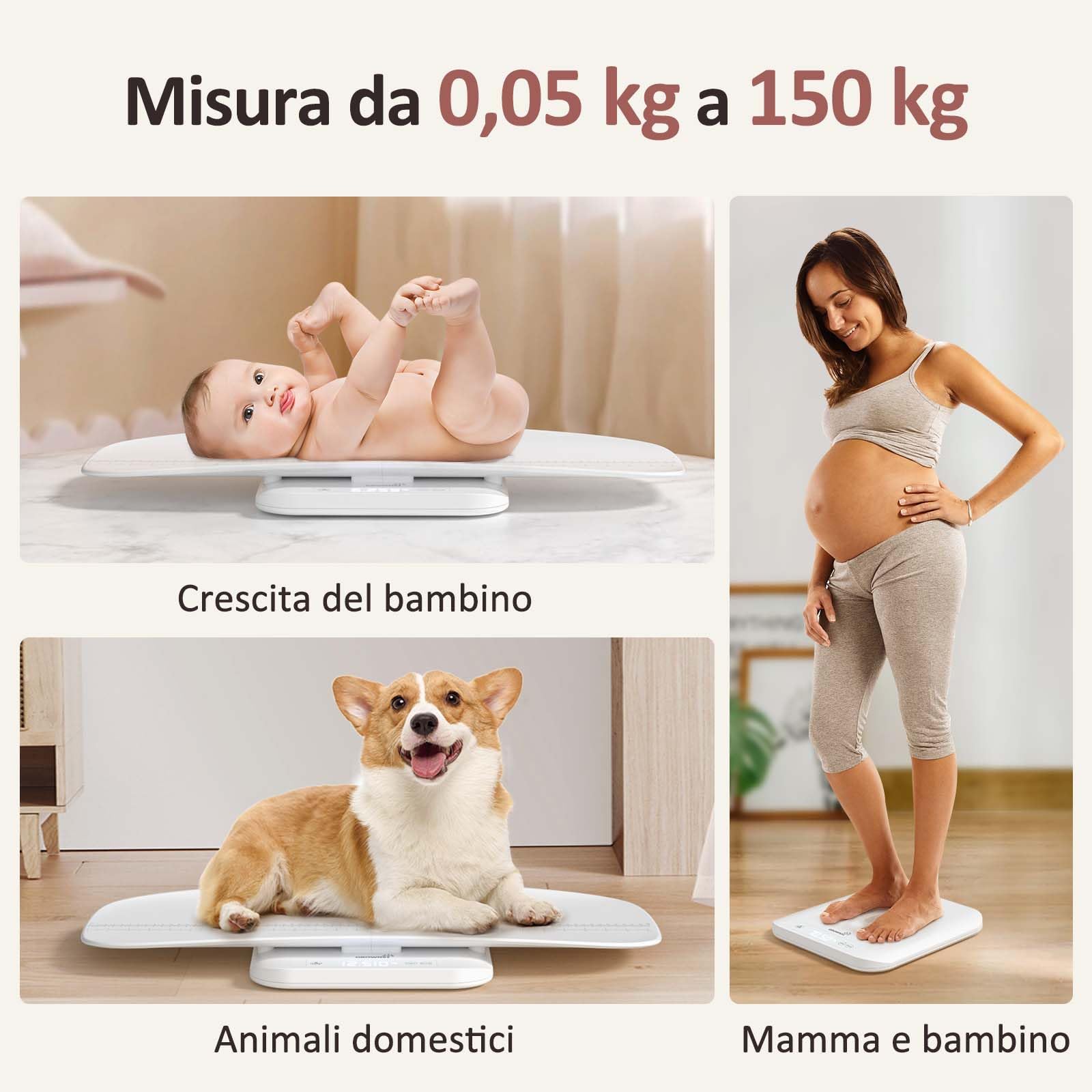 Grownsy Bilancia Neonato Digitale per Neonati, Bambini, Animali Domestici e Adulti Fino a 150 kg, Vassoio Removibile, Display LCD, Funzione Hold, Misurazione Dell'altezza Fino a 70cm, 5 Unità