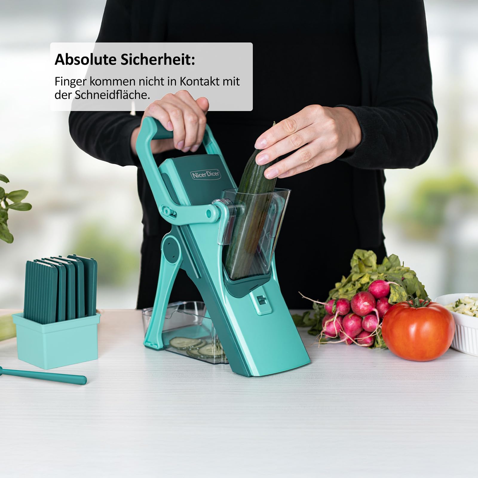 Genius Nicer Dicer Mando, Set 10-tlg. Gemüsehobel spülmaschinenfest, 4 Klingen, Standhobel für Gemüse Obst, Vegetable Chopper Mandoline Küche, Haushalt & Wohnen