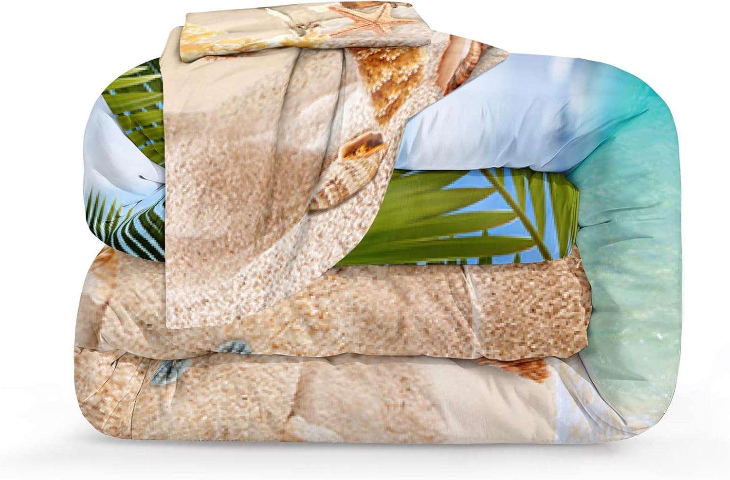 MOVE OVER Beach Themed Bedding Set Queen Blue Ocean Comforter Set Soft and Lightweight Hawaii Scenery Design Seashell Print Bedding Set 4 Pcs Tropical Beach Comforter Set for Bedroom