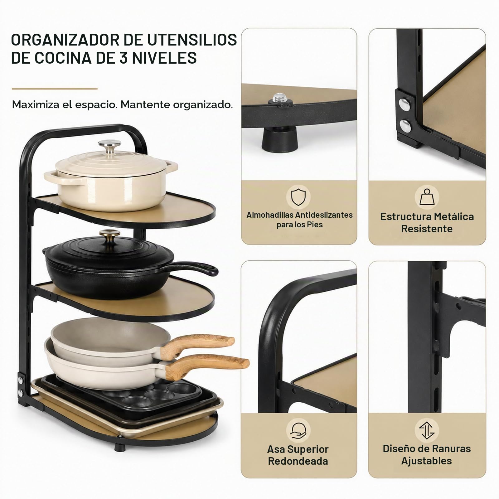 Organizador de sartenes para cocina, estante de cocina, sartén de cocina, estante de almacenamiento escalonado, estante de almacenamiento de 3 niveles ajustable para armario
