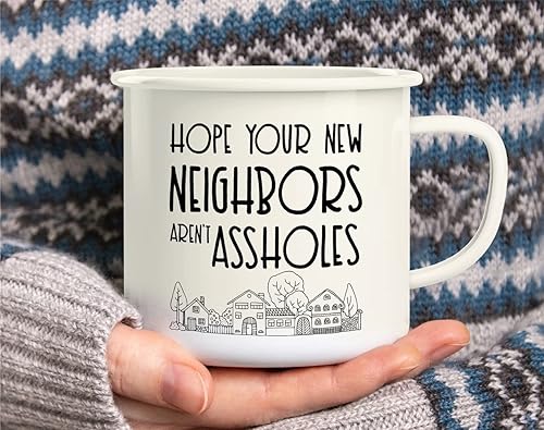 Miniatura 5 de Retreez Taza de café con texto en inglés "Hope Your New Neighbors Are Assholes Homeowner Homewarm", de acero inoxidable, esmaltado, de 16 onzas,