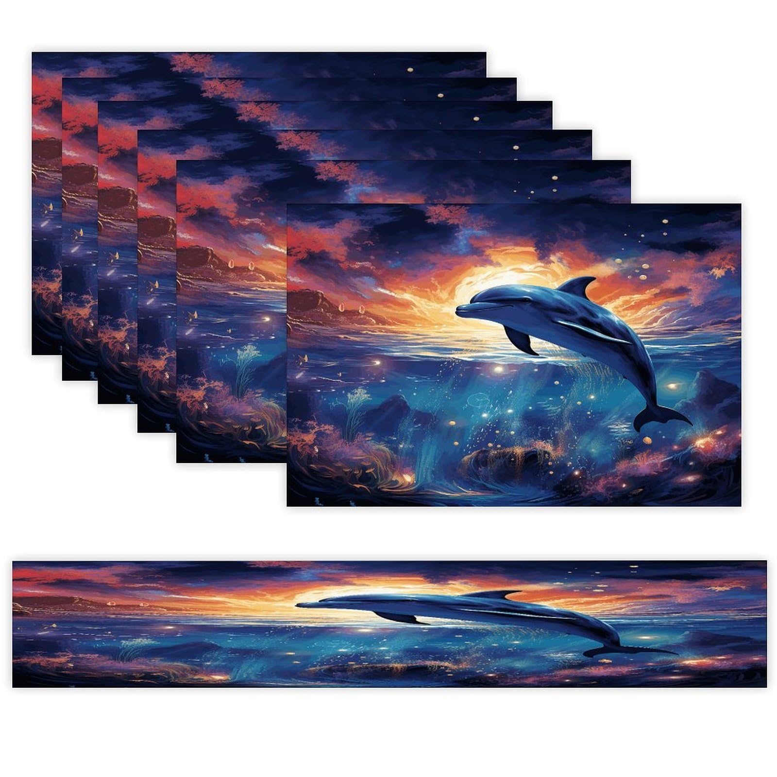 Colorful Starry Sky Ocean Dolphin Table Runner and Placemats of 6 Washable Heat Resistant Place Mats with Table Runner Vintage Holiday Table Mat Set for Holiday Party Kitchen Dining Deco