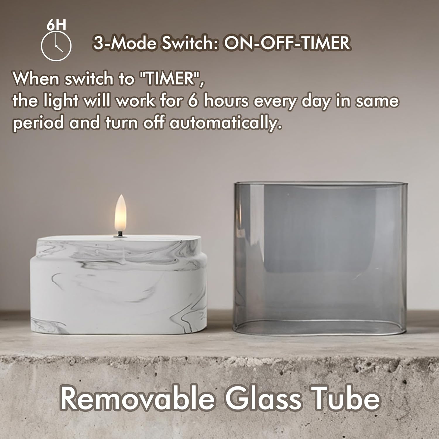 Fanna Rectangular Flameless LED Candle with Timer in Marble Texture, Battery Operated Glass Candle for Home Decor and Table Centerpieces, Gray and White Design, 4.7"x 3.2"x 6"