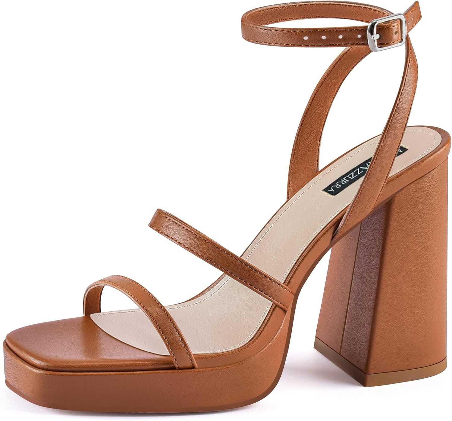 MIRAAZZURRA Platform Strappy Heel Sandals Square Open Toe Two Strap Chunky High Heeled Sandals with Buckle Ankle Strap for Women Party Wedding Dress