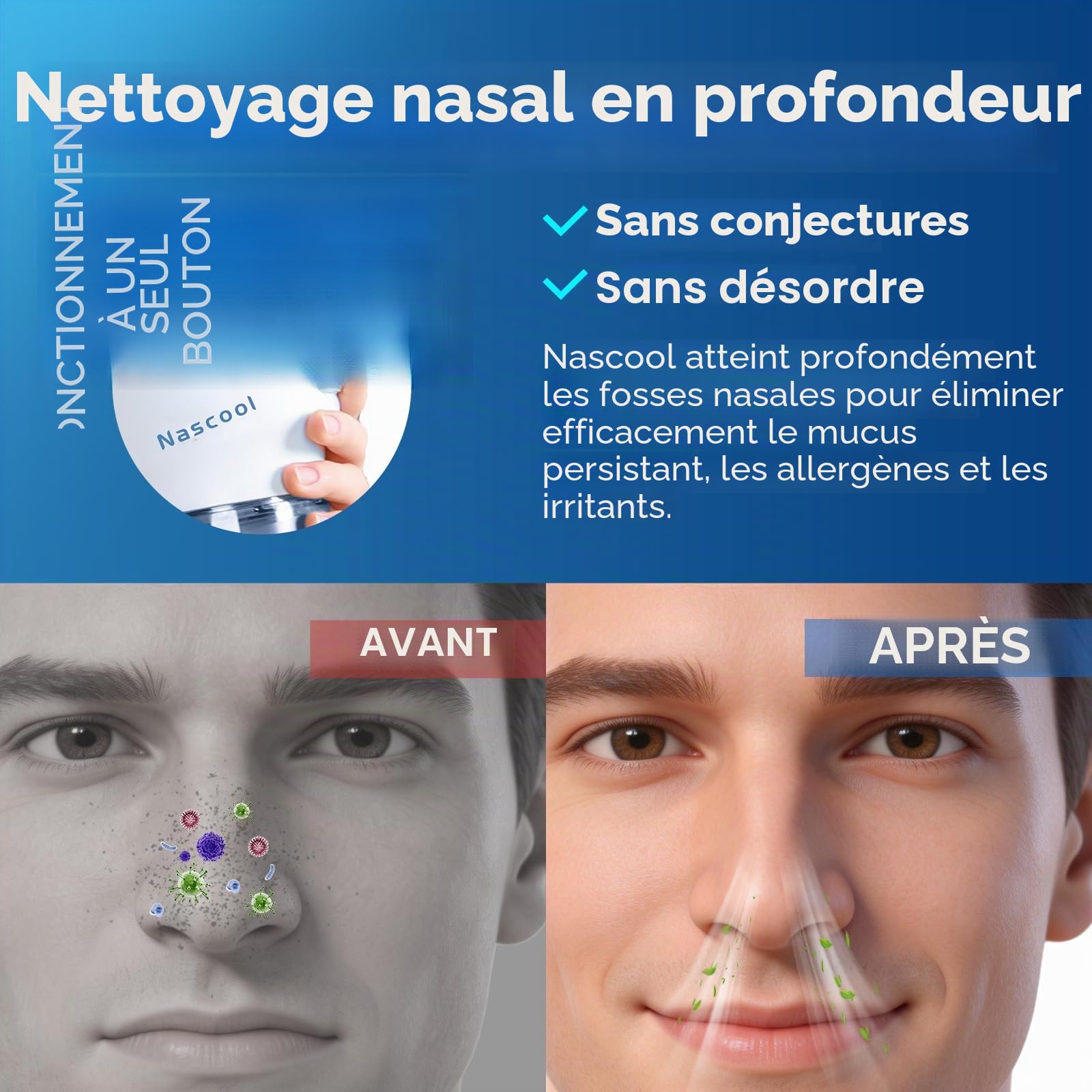 Nascool Système d'irrigation nasale, douche nasale, rinçage nasal pour adultes, pot de rinçage électrique nasaux avec 50 sachets de sel nasal, bleu