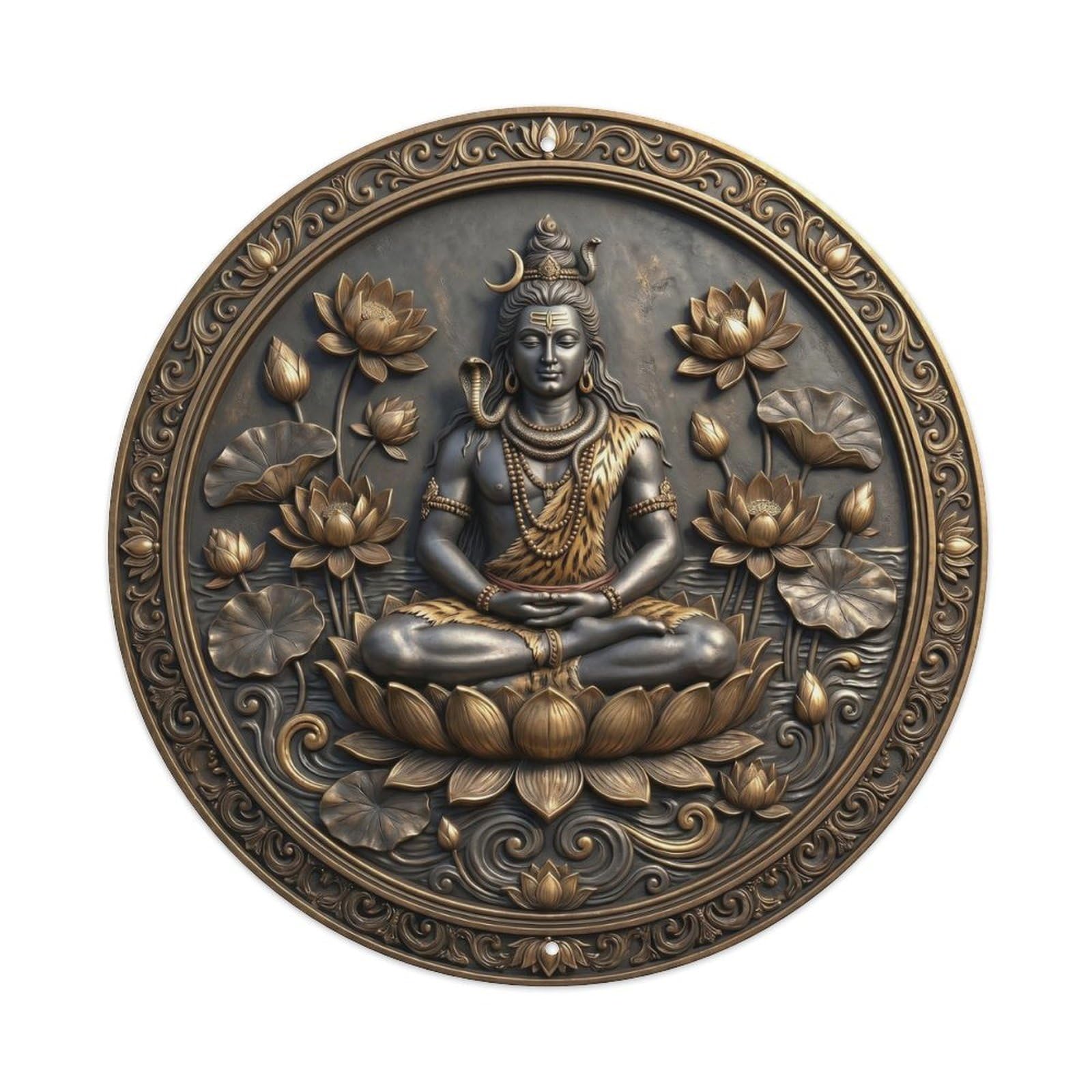 Shiva Lotus Pond Blooming Flowers Relief Sculpture Metal Tin Sign