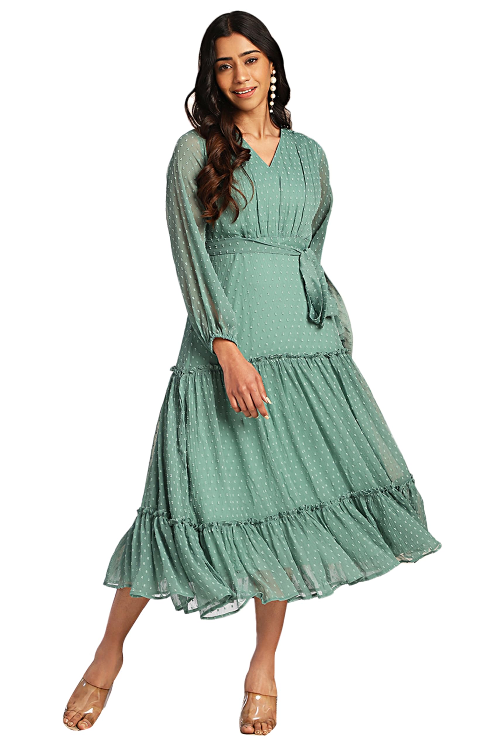 JanasyaWomen'S Dobby Chiffon Woven Design Tiered Dress