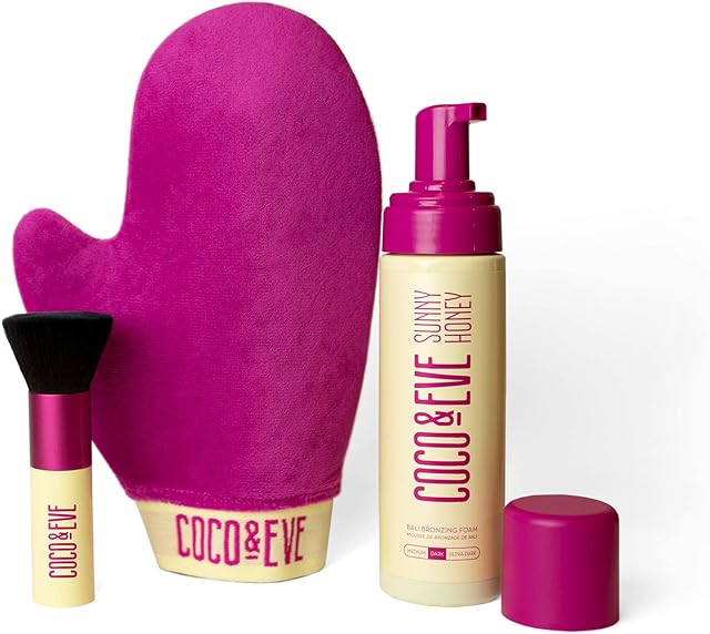 Coco & Eve Sunny Honey Bali Bronzing Bundle. All Natural Sunless Tanning Mousse. Instant Self Tanning Lotion with Bronzer, Mitt Applicator and Kabuki Brush. (Dark)