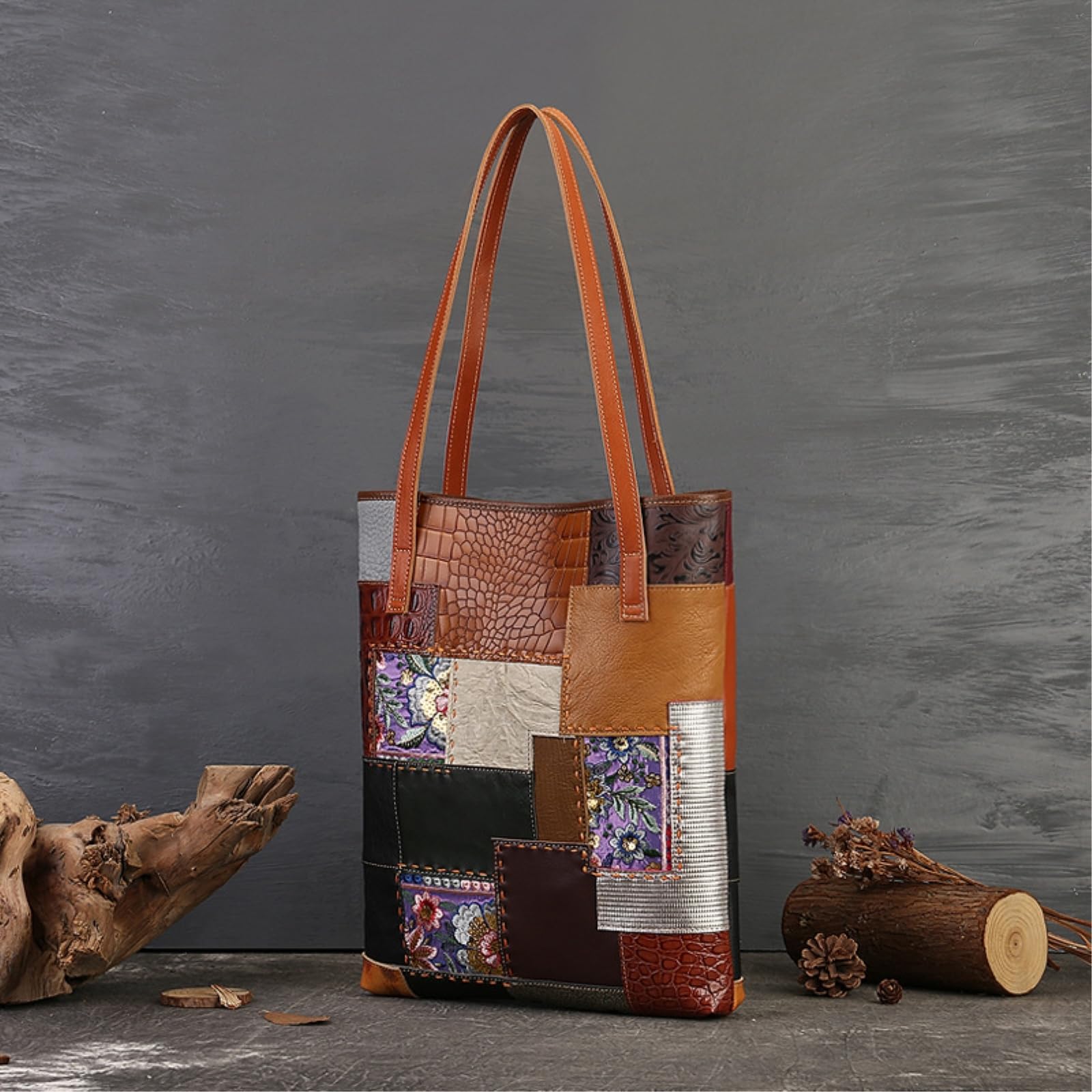 HJDMO Borsa a tracolla in vera pelle per le donne di grande capacità con tasche multiple chiusura a bottone magnetico borsa con design patchwork