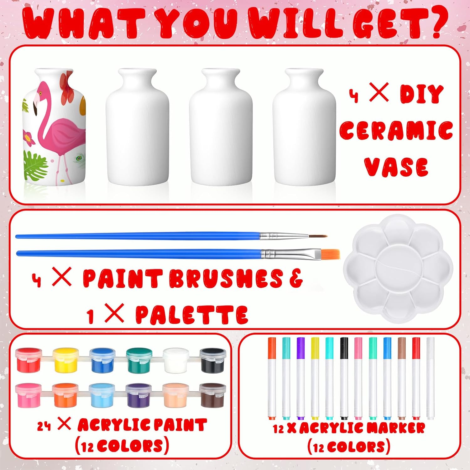 Singhoow 4 Set Mother's Day Paint Your Own Porcelain Paint Vase Art Project White Ceramic Painting Kit for Adults Porcelain Vase Decorating Kit Holiday Supplies DIY(Classic)