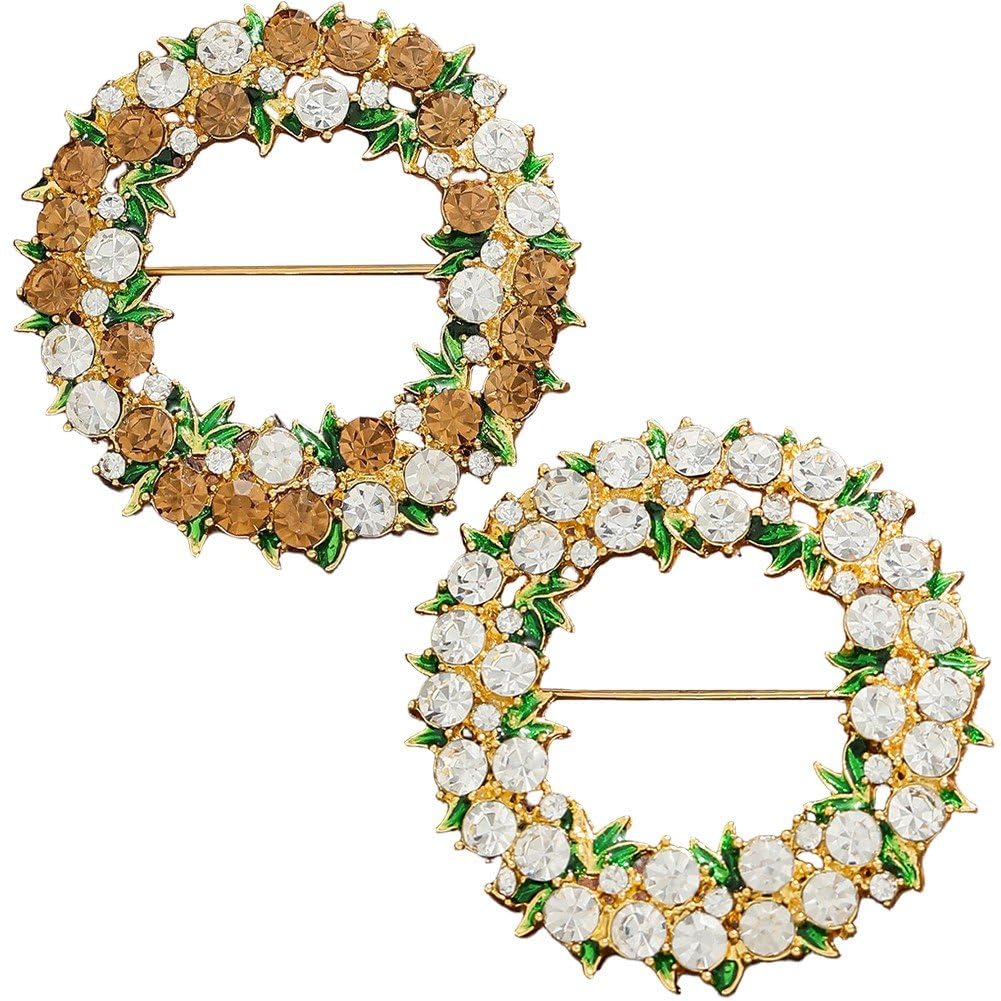 Sslvya 2 Pcs Rhinestones Wreath Brooch Pin, Sparkly Crystal Hollow Out Round Lapel Pins Dresses Suit Scarf Shawl Clip Corsage Accessories