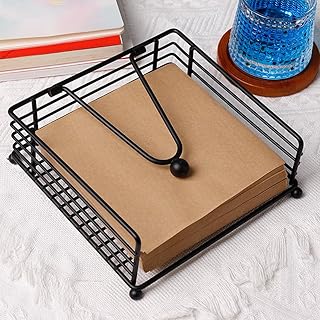 Napkin Holder with Weighted Arm – Rustic Black Metal Square Napkin Organizer for Kitchen, Dining Table, Bathroom, Wedding, and Party, Black