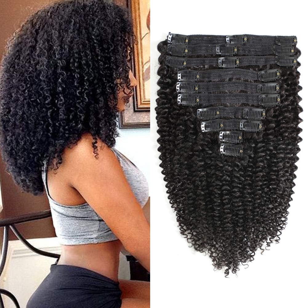 Kinky Curly Clip in Hair Extensions Afro 3C 4A Kinky Curly Hair Clip Ins for Women Thick Soft 8A Brazilian Remy Hair, 22 Inch,Black Color,10/Pcs with 24 Clips,120 Gram