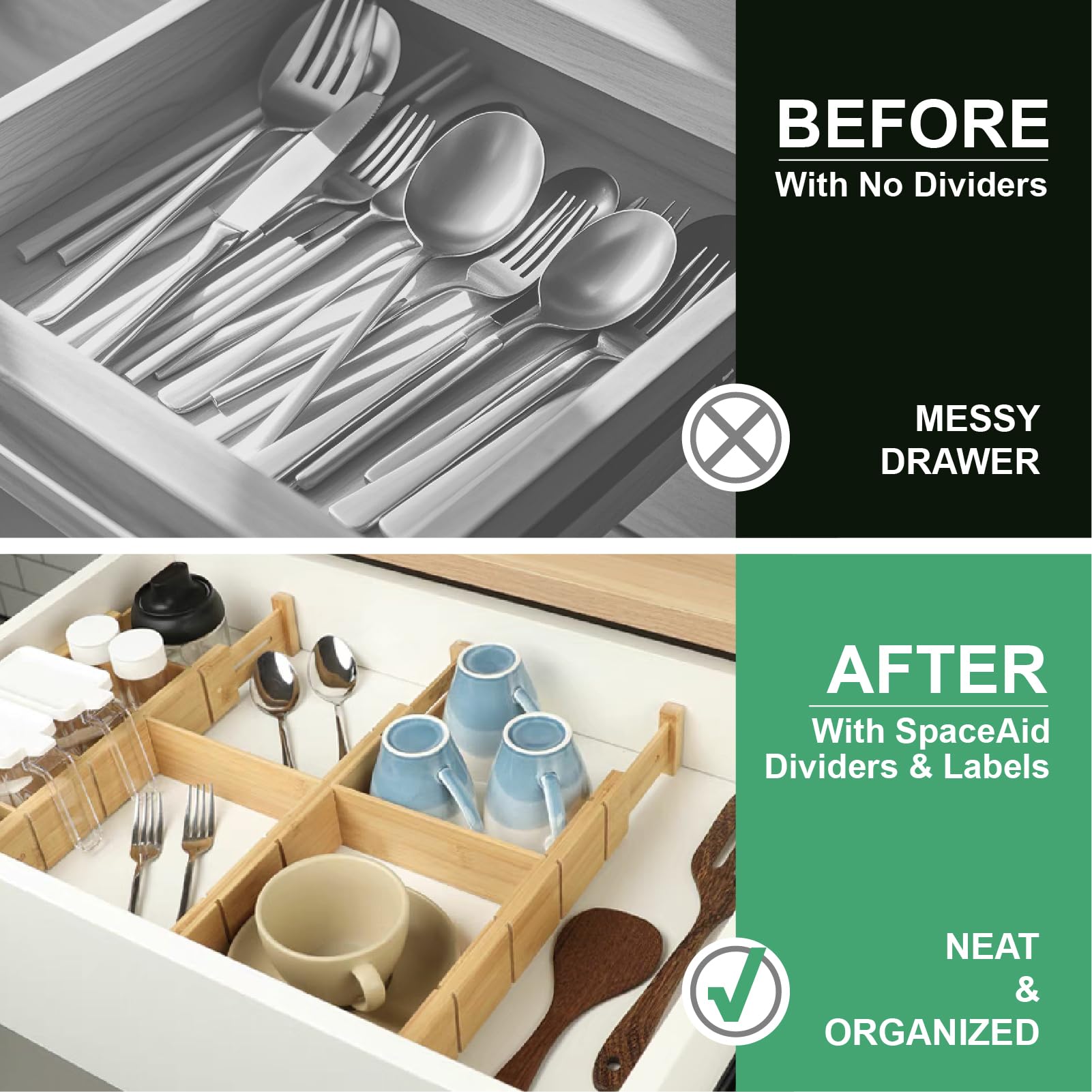 4 Pack Bamboo Drawer Dividers with Inserts and Labels – Adjustable Kitchen Drawer Organizers, Expandable Storage Solutions for Home, Office, Dressers – Includes 4 Dividers & 9 Inserts (17-22 Inches)