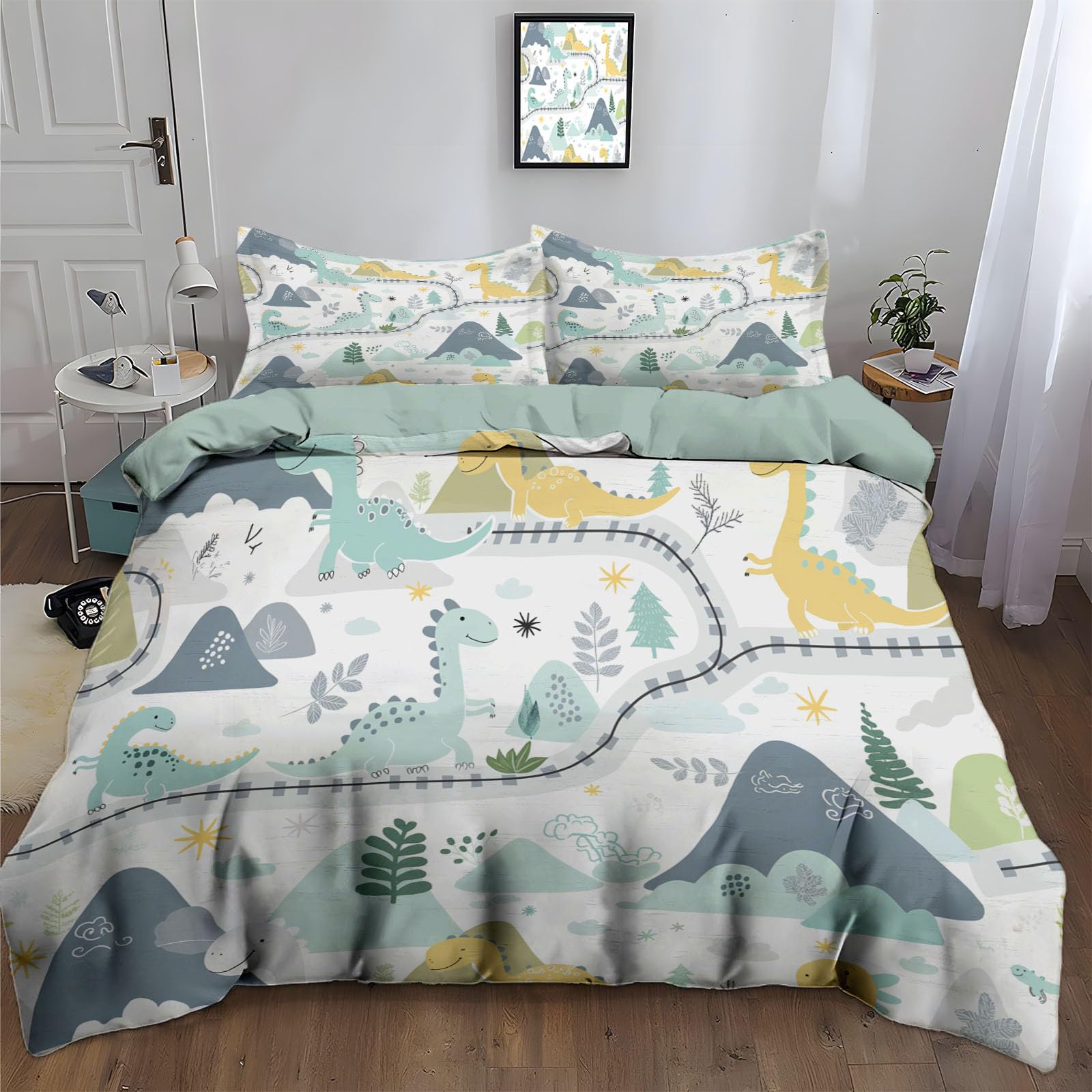Housse de couette 240x260cm dinosaure dessin animé pour lit double 2 personnes enfant