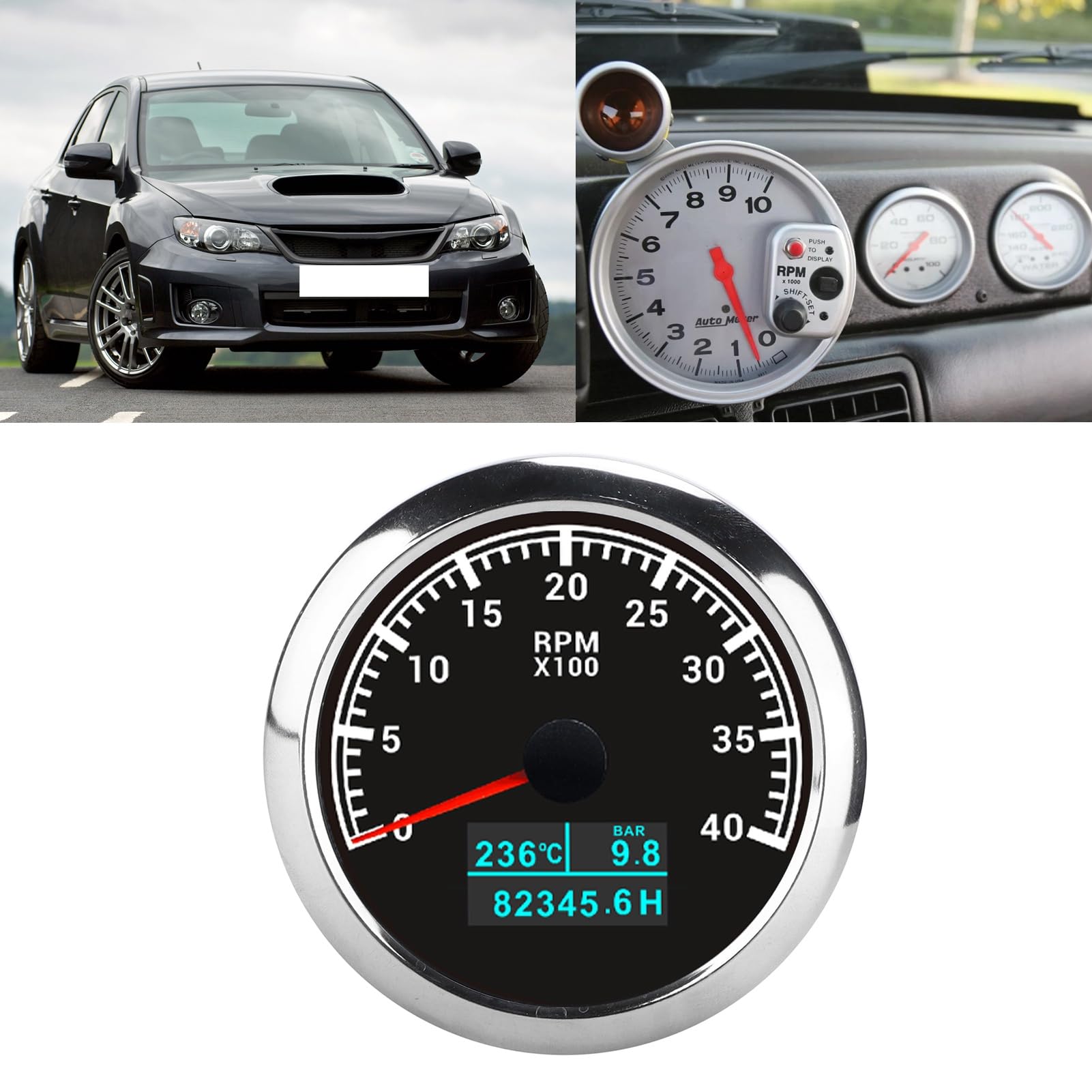 Tacómetro de Puntero, Calibre RPM ABS Acero Inoxidable Instalación Fácil Tacómetro RPM para Camión de Botes de Automóvil (esfera blanca) (esfera negra)
