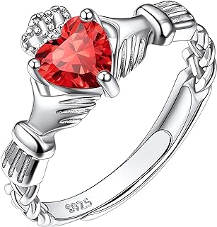925 Sterling Silver Good Luck Celtic Twisted Knot/Claddagh Heart Birthstone Ring, Thin Delicate Adjustable Promise Engagement Ring Irish Jewelry for Women