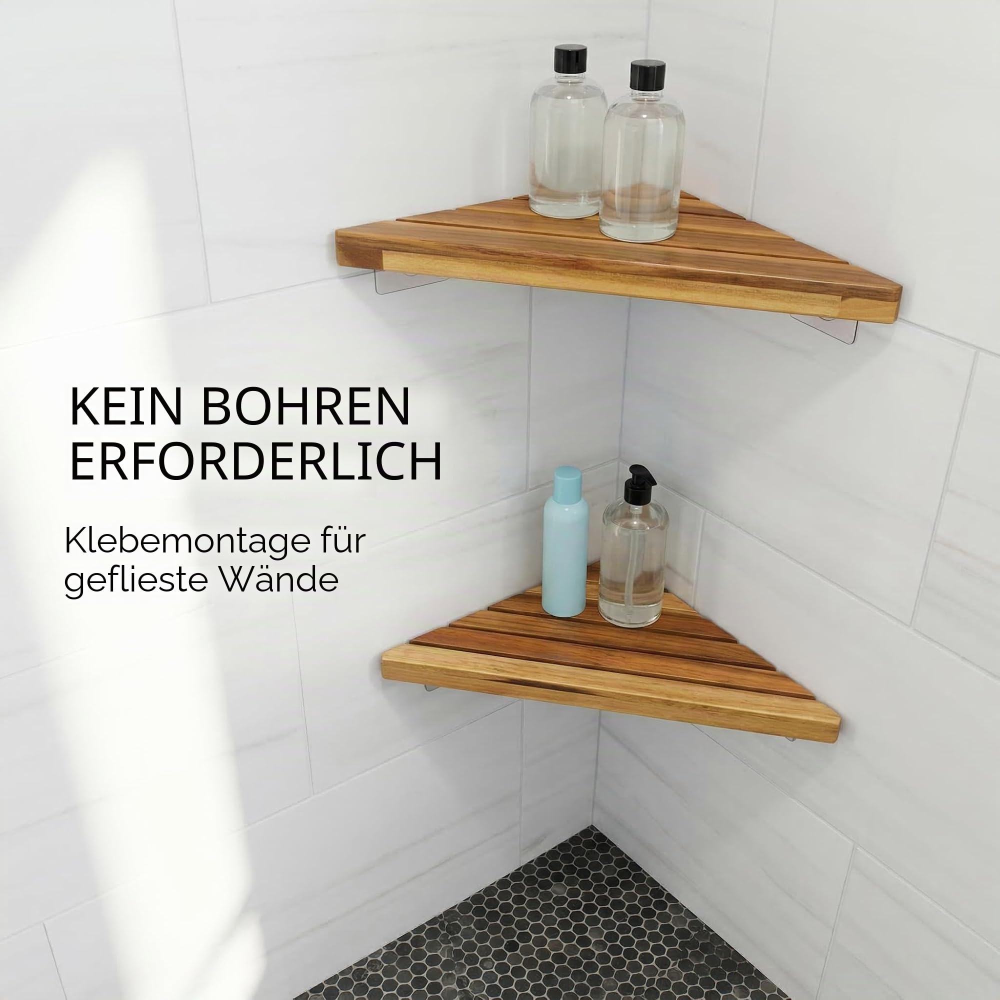 2er-Pack Holz Eckregal Duschregal Dreieckiges Eckregal Badregal für geflieste Wand, Ohne Bohren