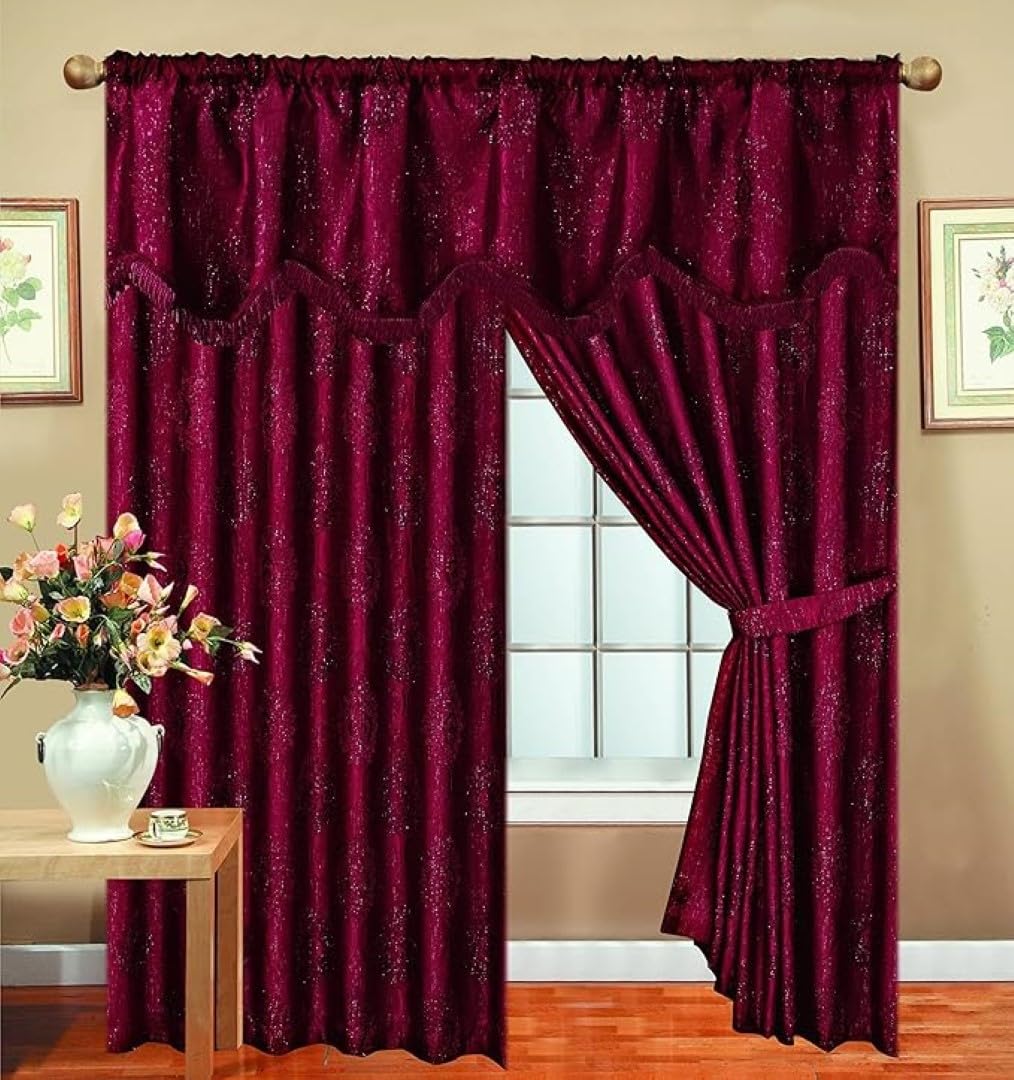 PRIME LINENS Jacquard Curtains for Bedroom with Pelmet Fully Lined Heavy Pencil Pleat Curtains With 2 Tie Backs (90″X108″(228cm x 274cm), Malta Burgundy) — image 1
