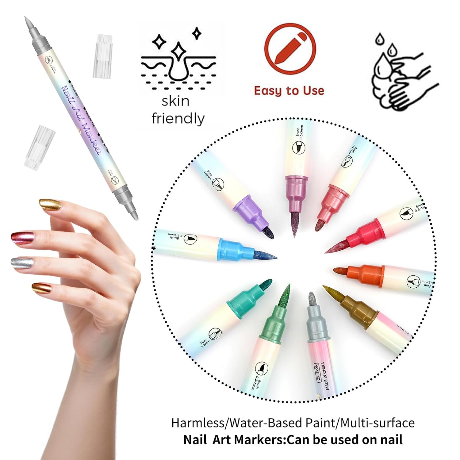 1Set Nails Painting Pen with Fine Point for Intricate Pattern Water Fast Dry Bright Hues Comfortable Handle Nails Painting Tool