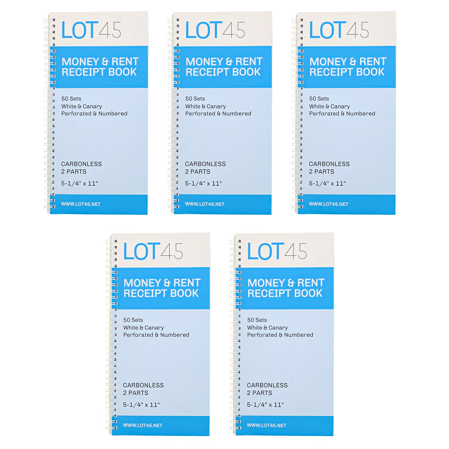 Lot45Money Rent Receipt Book for Small Business 5 Piece Set, 5x11in - Cash Receipt Books 2 Part Carbonless Spiral Bound