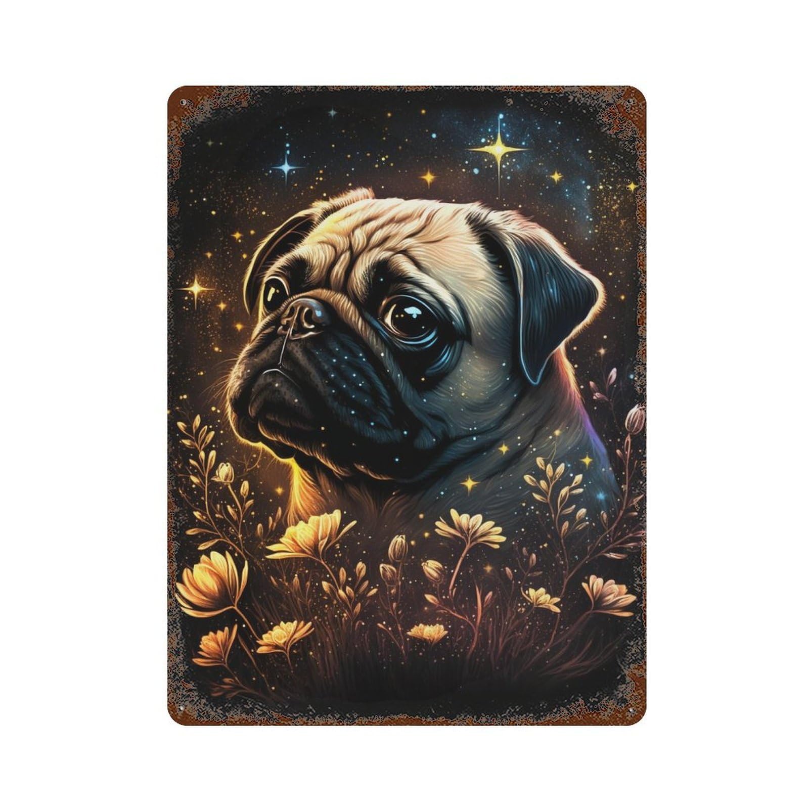 Magical Pug with Flowers -1 Aged Metal Wall Plaque 15.7"x11.8", Ideal for Garage, Bar And Workshop Decor