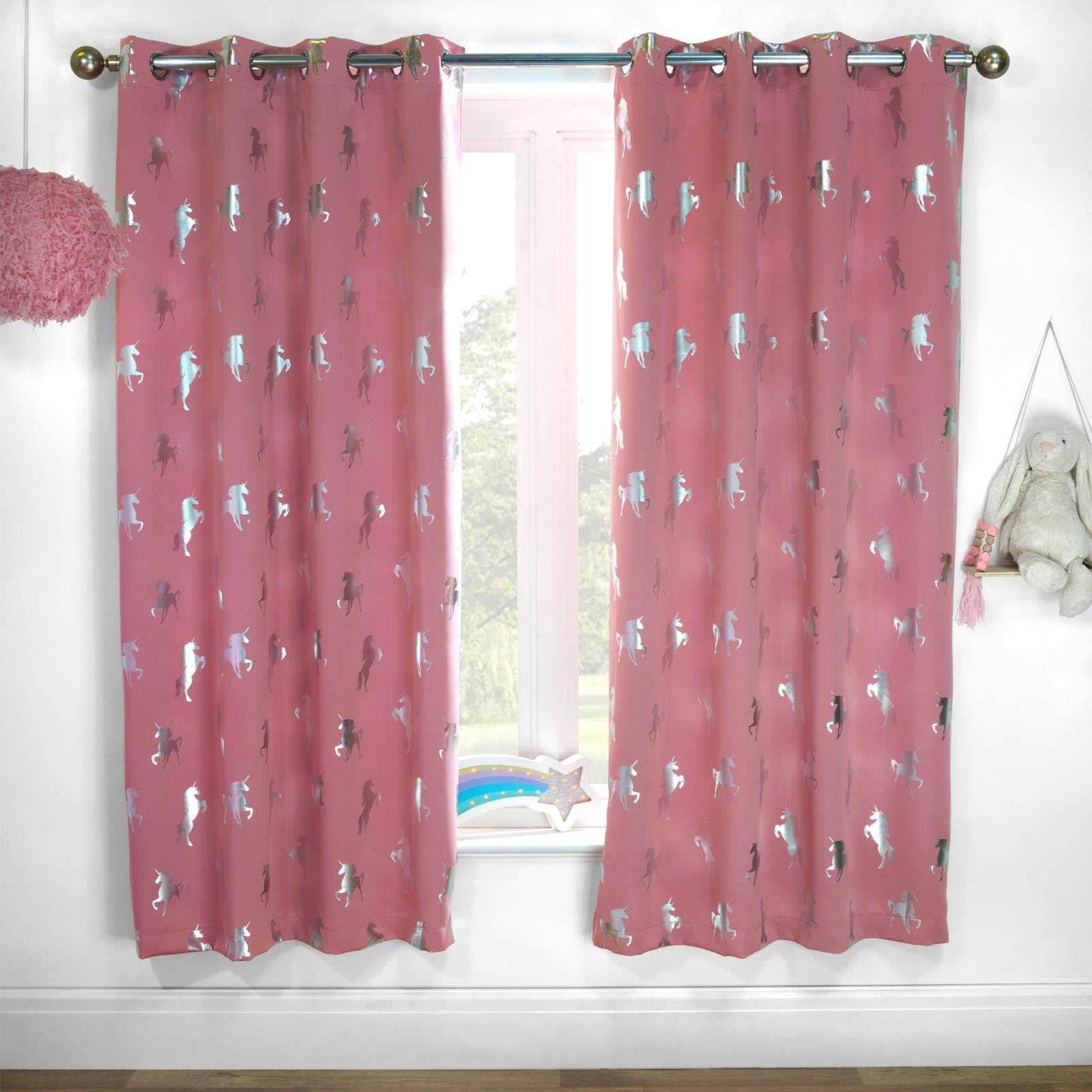 Dreamscene Metallic Unicorn Thermal Blackout Supersoft Curtains Pair of Ring Top Eyelet Window Treatment Panels Kids, Blush Pink - 46" x 72"