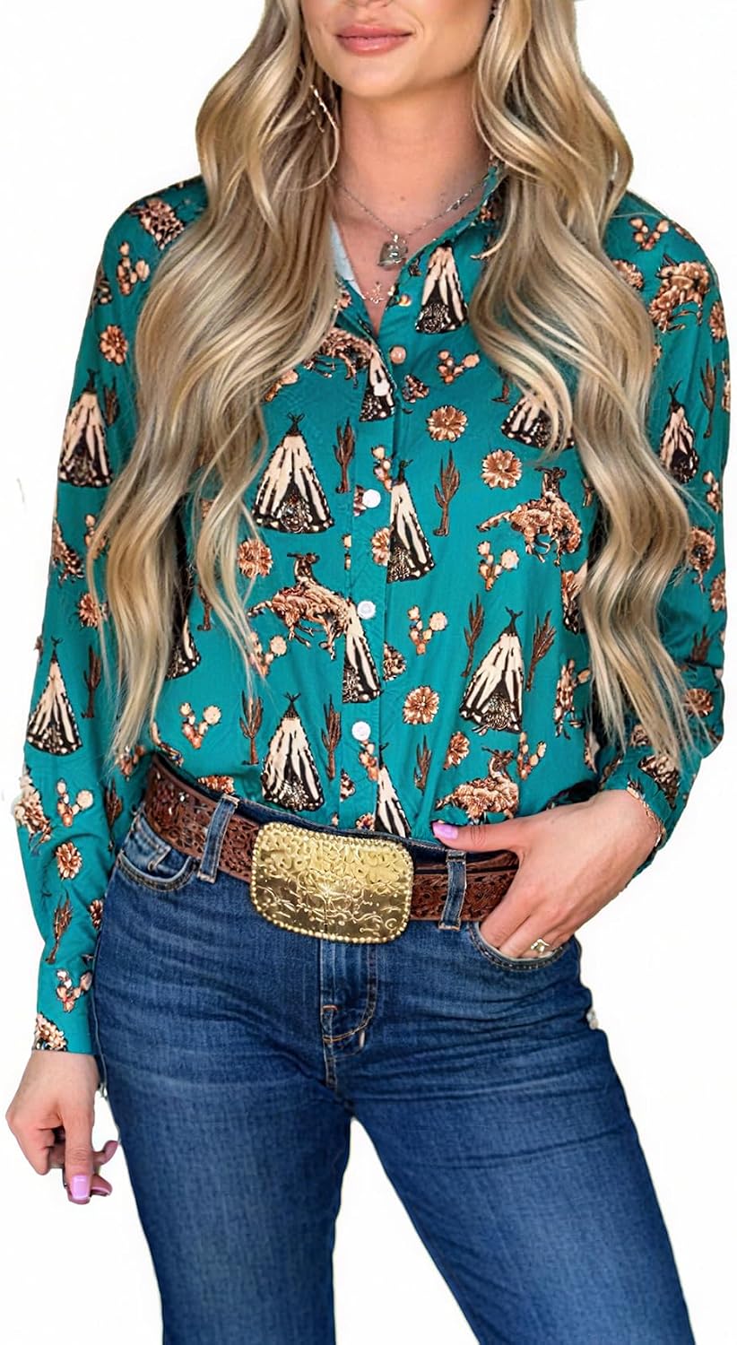 Womens Retro Aztec Pearl Snap Shirts Lapel Button Up Blouse Long Sleeve Cowgirl Ethnic Print Rodeo Western Tops