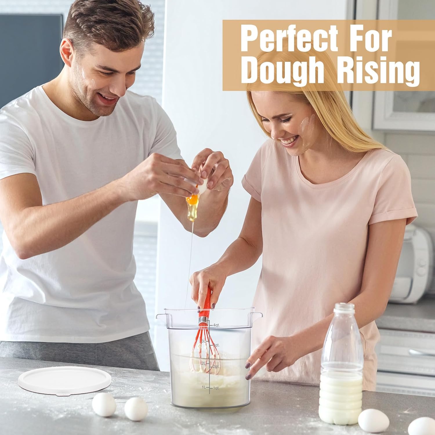 4 Pcs Food Storage Container with Lids Set 4 Qt Square and Round Clear PC Commercial Containers with Scale Handle for Home Restaurant Kitchen Food Storage, Dough Rise, Flour(White)