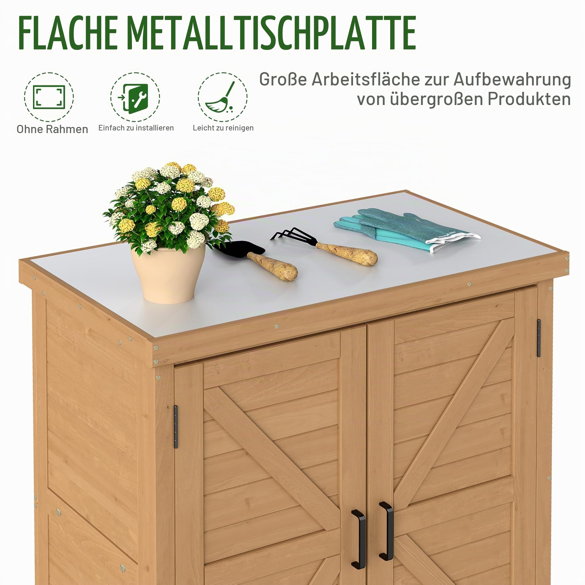 SoliWood Gartenschrank Wetterfest Outdoor, Outdoor Schrank aus Holz mit Metallplatte als Pflanztisch und Gartenarbeitsplatz für Terrasse Balkon und Garten 91 x 78 x 43 cm. Küche, Haushalt & Wohnen