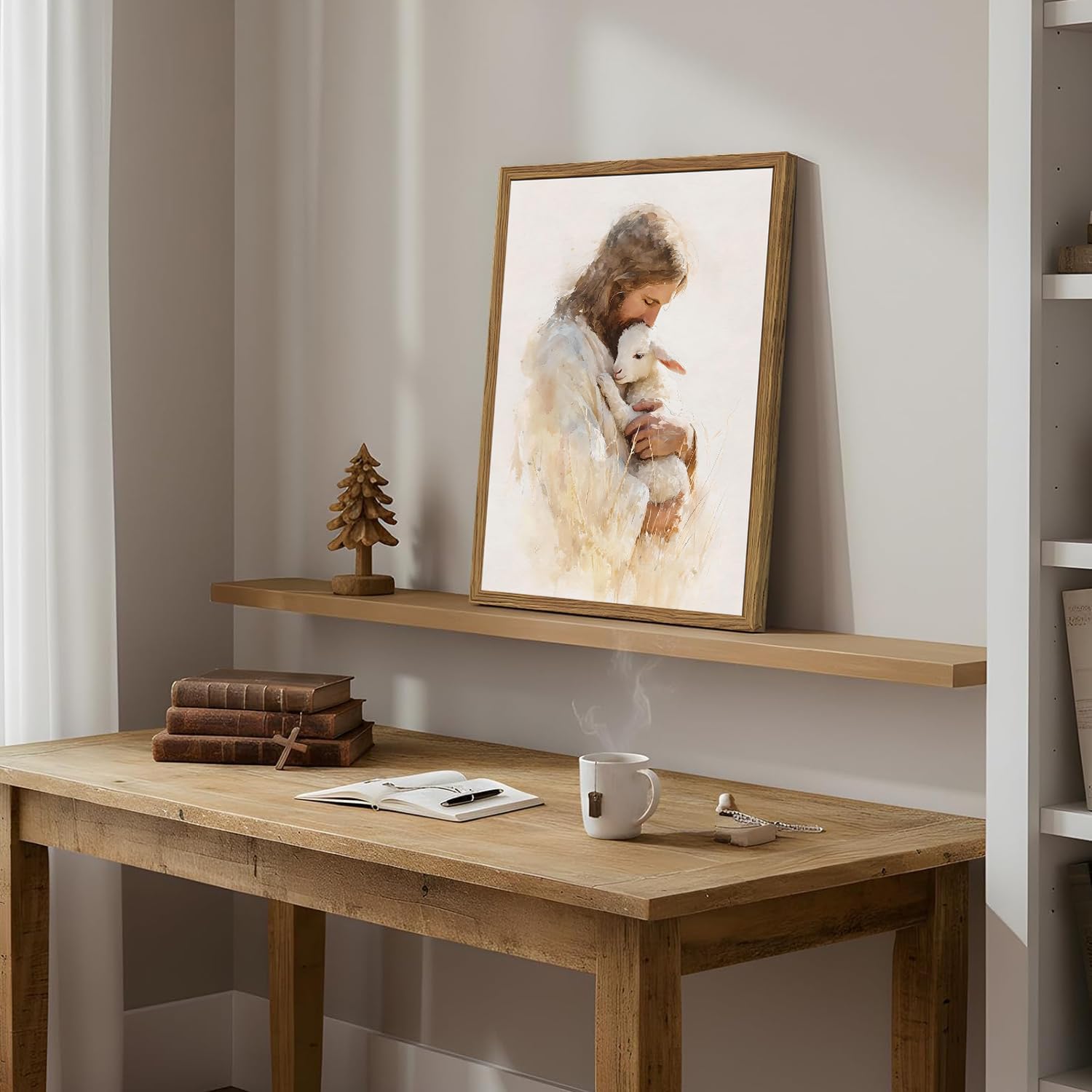 Jesus and Lamb Wall Art, Christian Good Shepherd Wall Decor Picture, Religious Faith Poster Painting Canvas Print for Living Dining Prayer Room Bedroom 12x16 inch Wood Framed