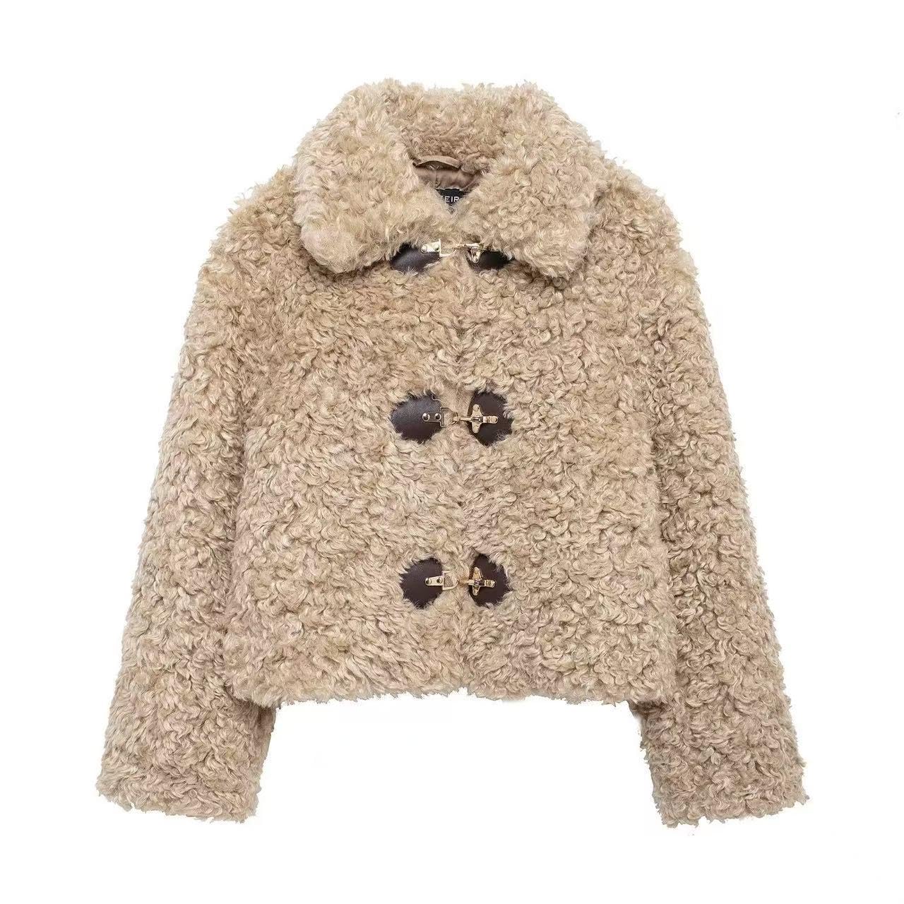 Women's Fall Fleece Jacket Collared Toggle Closure Long Sleeve Oversized Short Coat Fluffy Outerwear