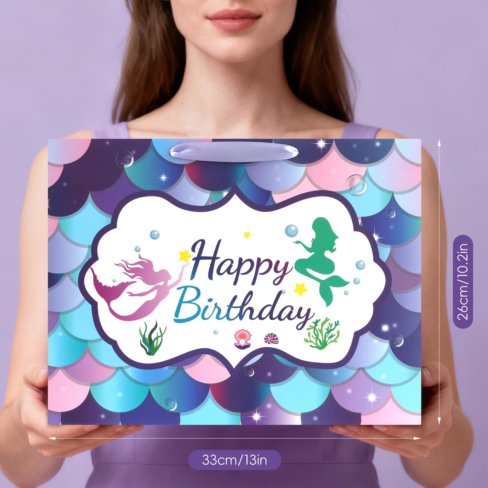 JMANNI Large Happy Birthday Gift Bag with Tissue Papers and Greeting Card,Portable Paper Mermaid Gift Bags with Handles,Purple Present Bags for Women Girls Birthday Party Supplies13 x 10.2" x4.7"
