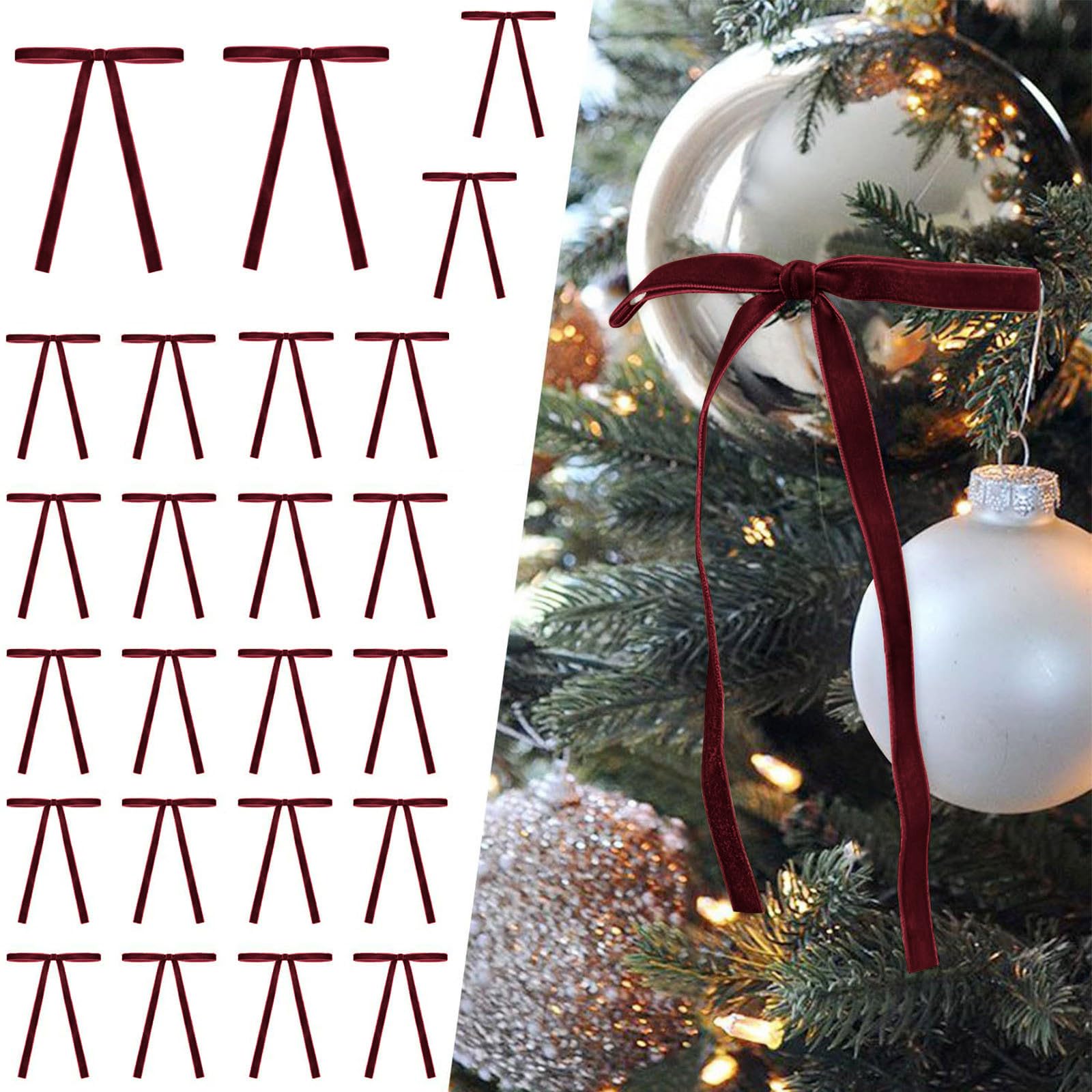 Dempiire 24 Pcs Velvet Christmas Bows for Christmas Tree Rustic Crafts Gift Bows Vintage Velvet Ribbon Bows for Xmas Home Outdoor Indoor Wedding Christmas Tree Wreath Bow (Wine)