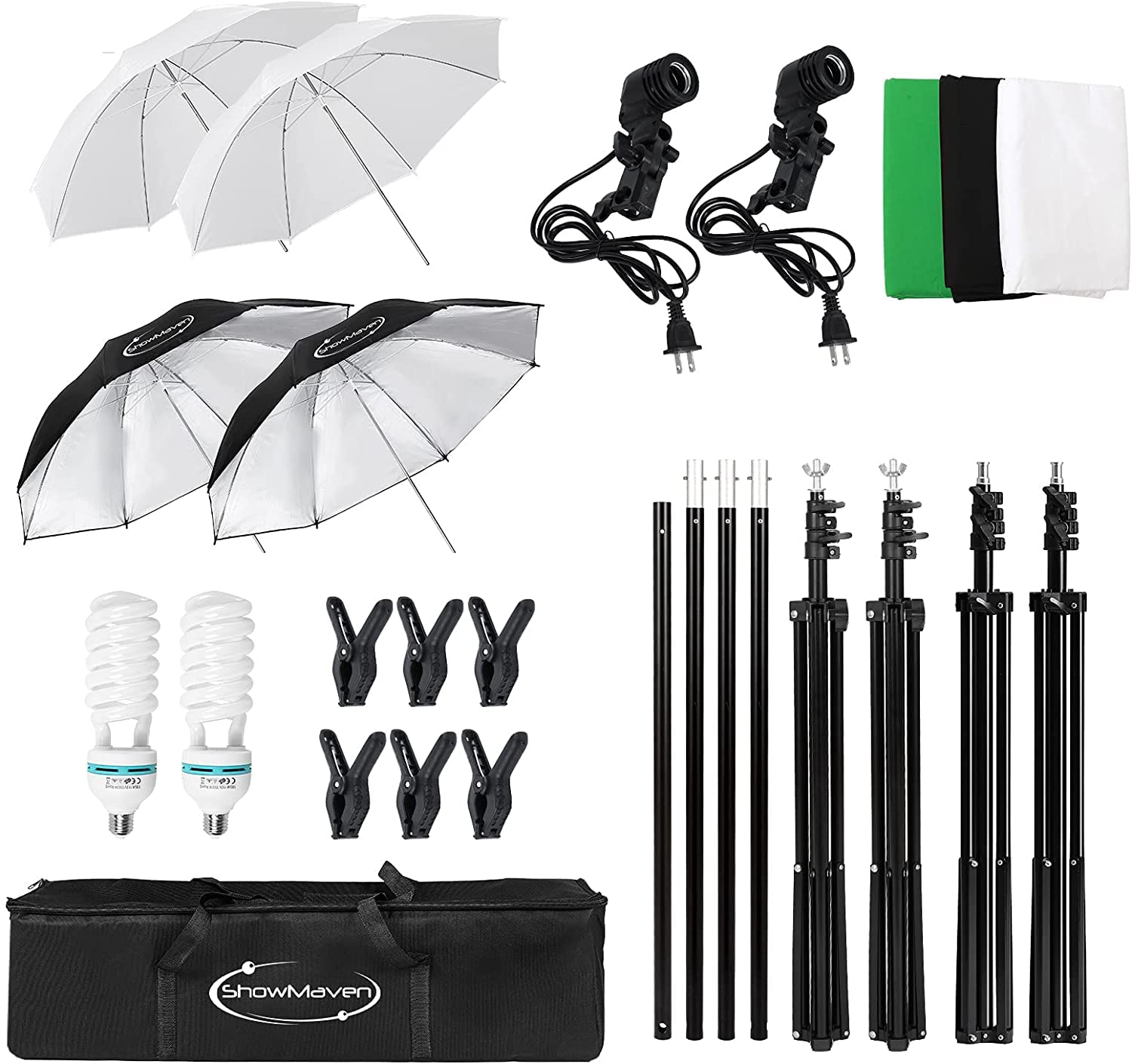 ShowMaven Kit d'éclairage Studio Photo, Kit Studio Photo avec 2 x 3 m Support de Fond Photo, 3 x Toile de Fond, 2 x 135 W Ampoules et Parapluies à Éclairage Doux pour Portraits Photographie Vidéo