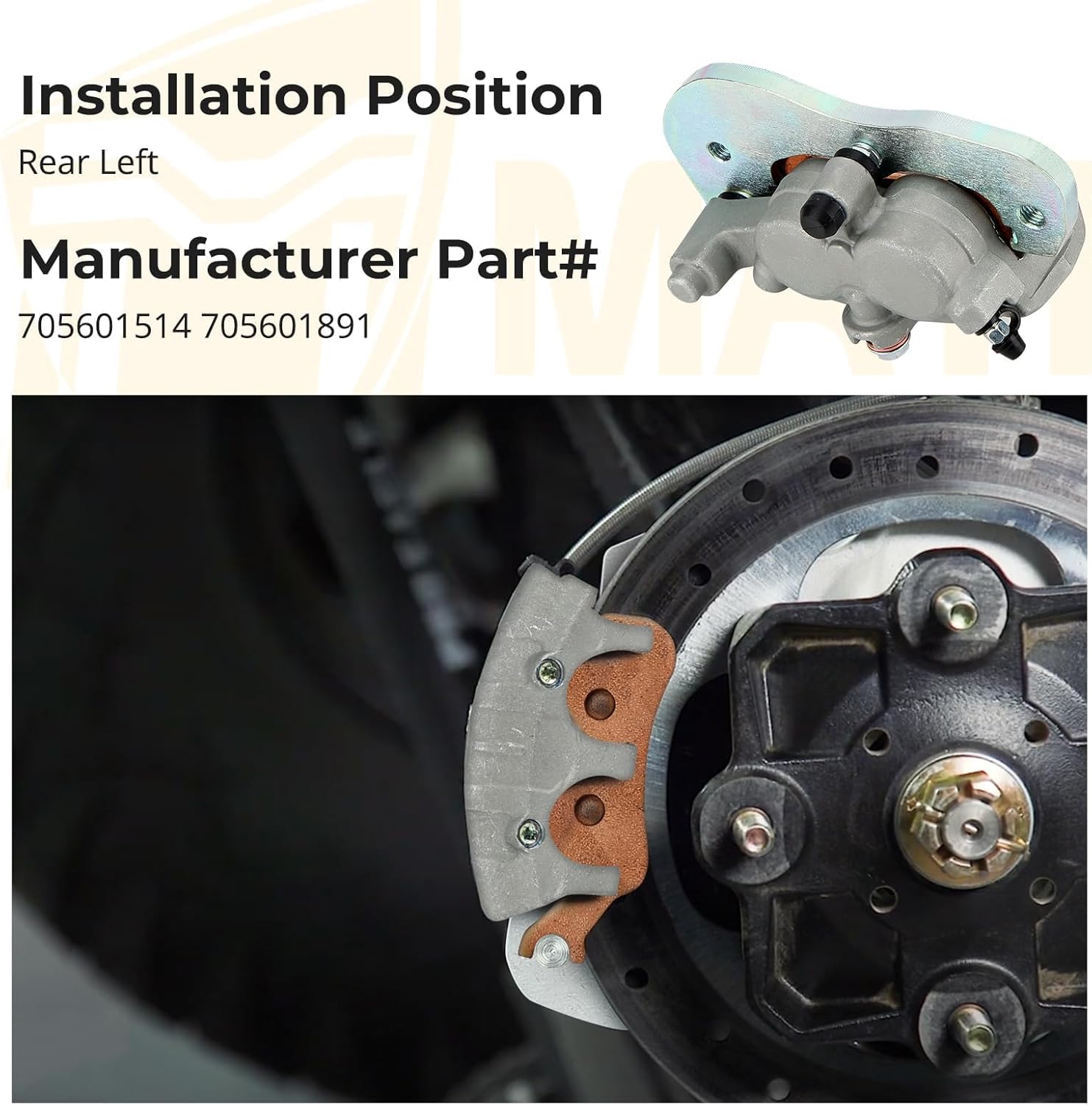 Rear Left Brake Caliper & Sintered Pads for Maverick X3 Turbo 2017-2022, MPN# 705601514 705601891