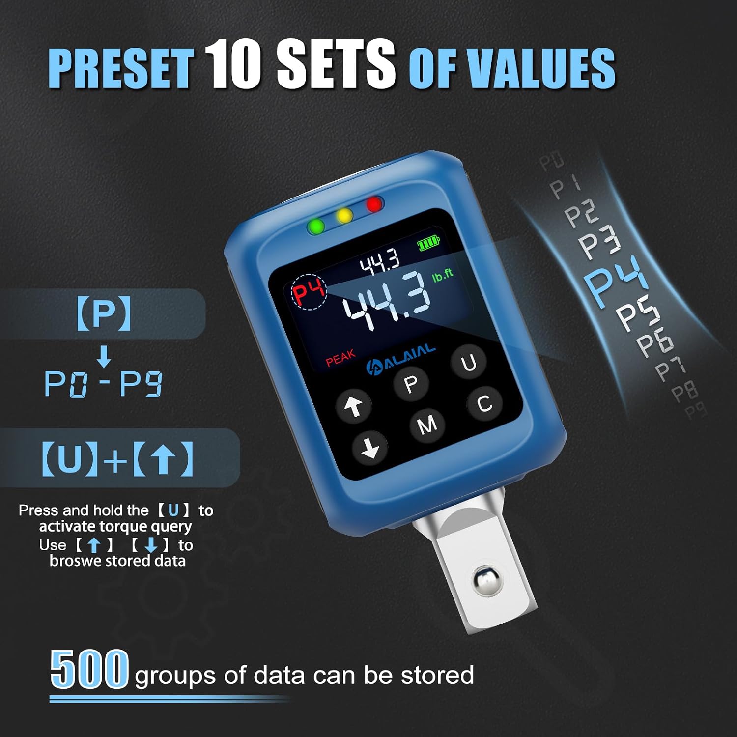 Digital Torque Adapter 1/2", 0.7-44.3 Ft-lb/1-60 Nm, Digital Torque Wrench Converter with ±2% Accuracy, Buzzer and LED Indicator, 2 Modes, 4 Units, 3/8'' & 1/4'' Adapters for Car, Moto