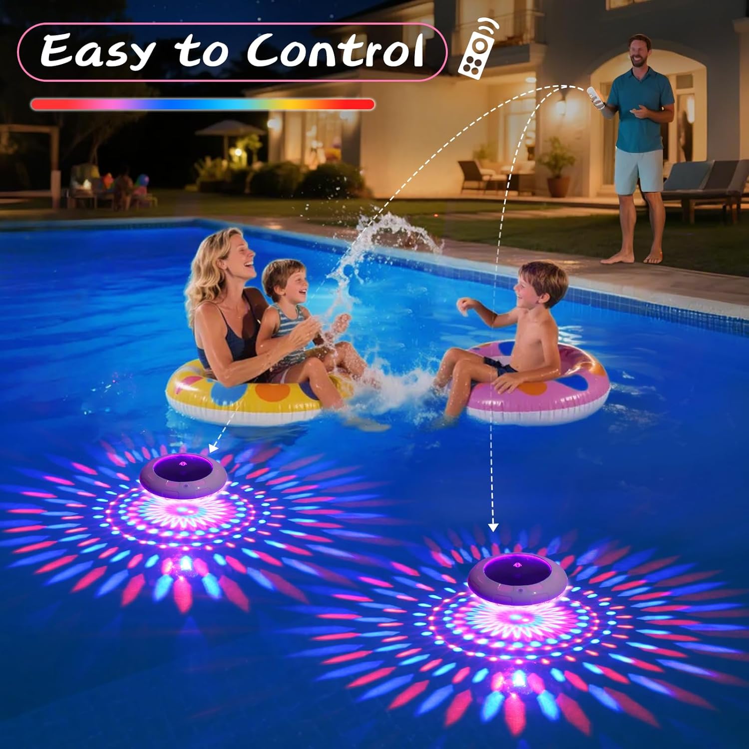 A person using a remote control to change the colors of Cootway floating pool lights in a pool.