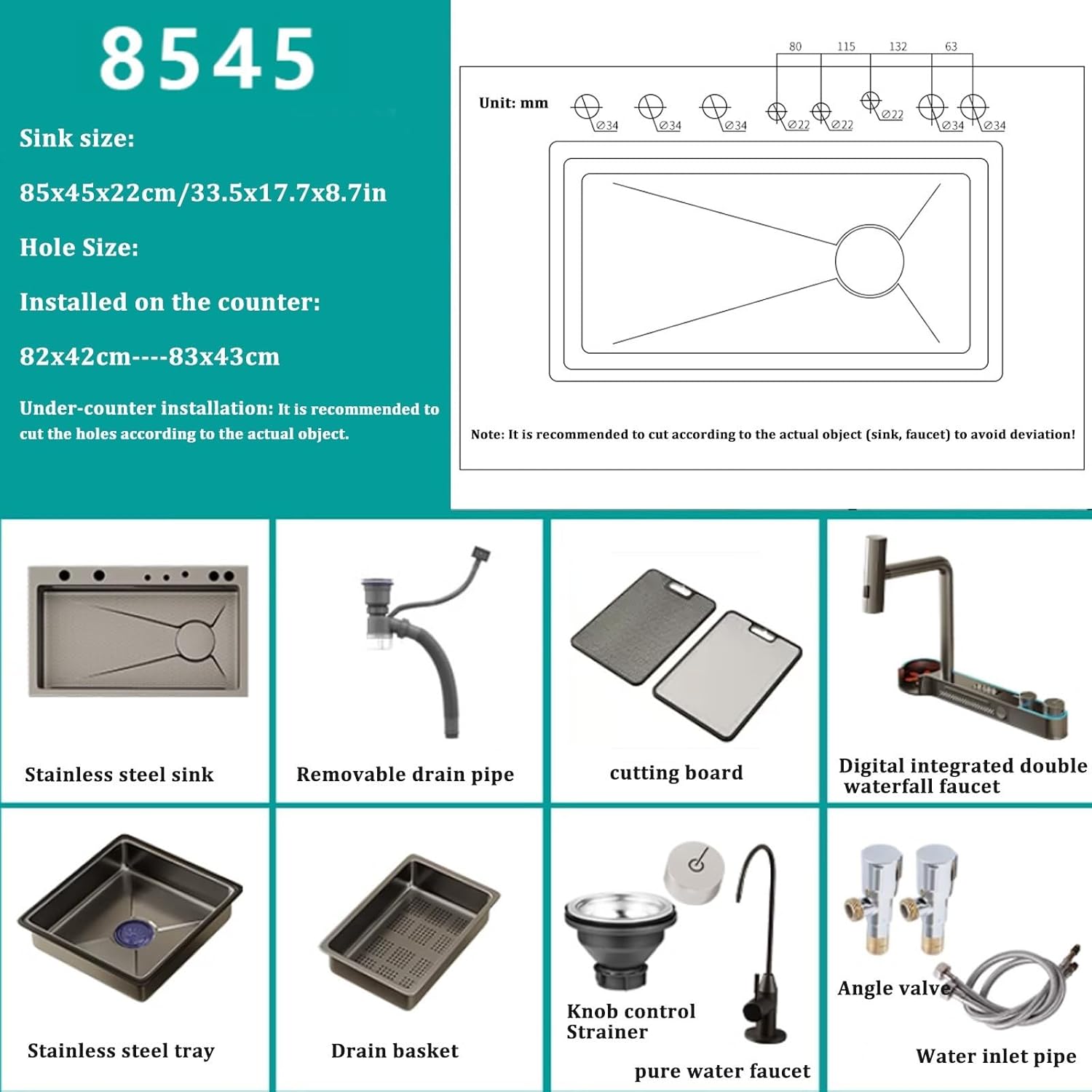 Black Stainless Steel Waterfall Large Single Bowl Multi-Function Faucet Complete Accessories (85X45X22CM) (Silver 32cm) (Black 85X45X22CM)