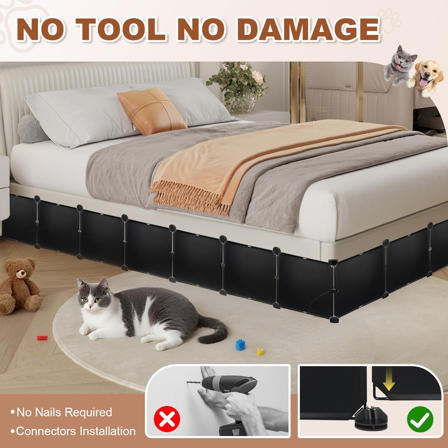 LEICHTEN 11.8" H x 166" L Total Under Bed Blocker for Pets, Adjustable Length Under Bed Blocker, Stops Pets Sneaking Under, Fits Queen, King Beds (Two Sides), Black