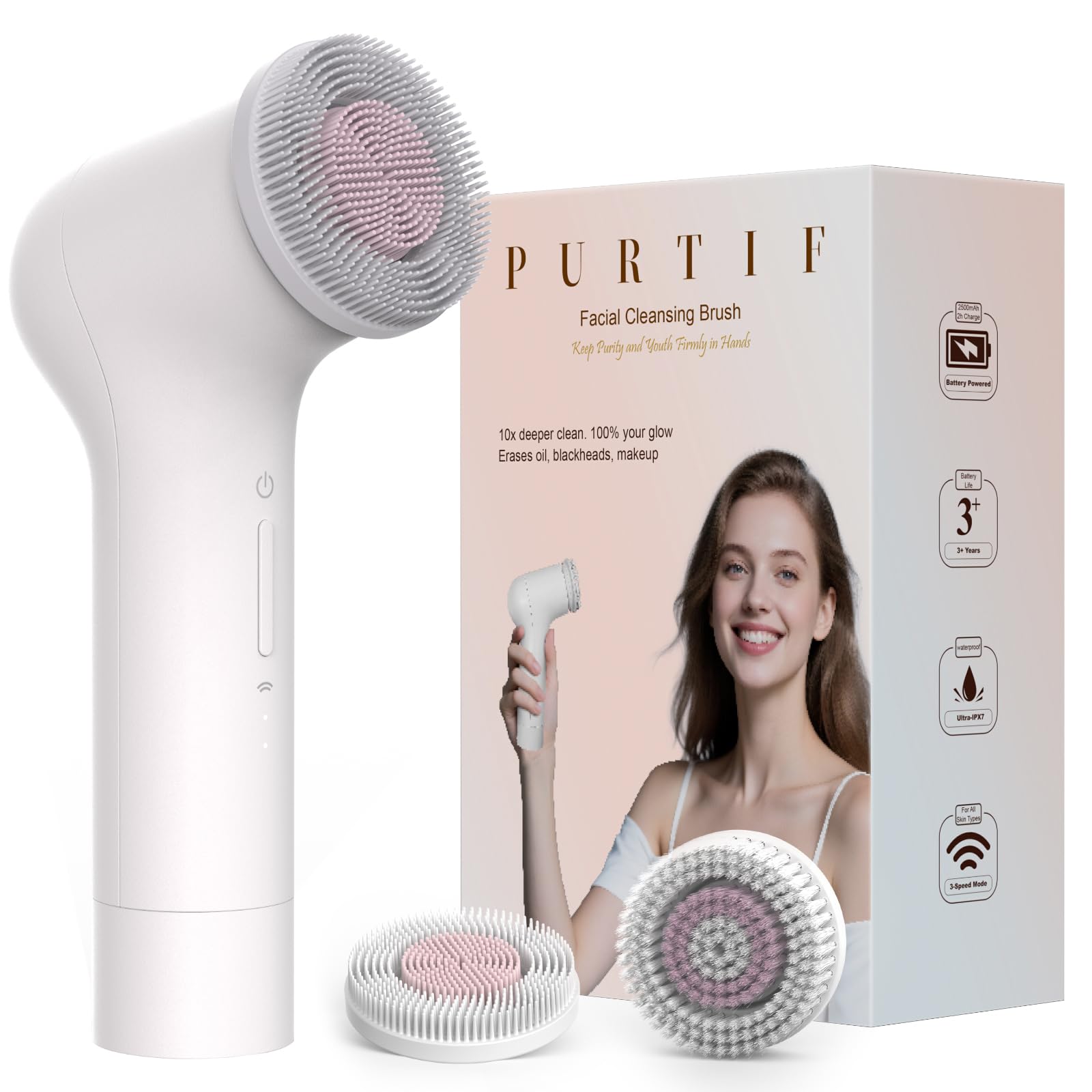 Electric Facial Cleansing Brush - Rechargeable Silicone Face Scrubber exfoliator, Face wash Machine, Pore Cleansing Brush for Women and Men,3Speeds,Waterproof, Exfoliating & Massage, White