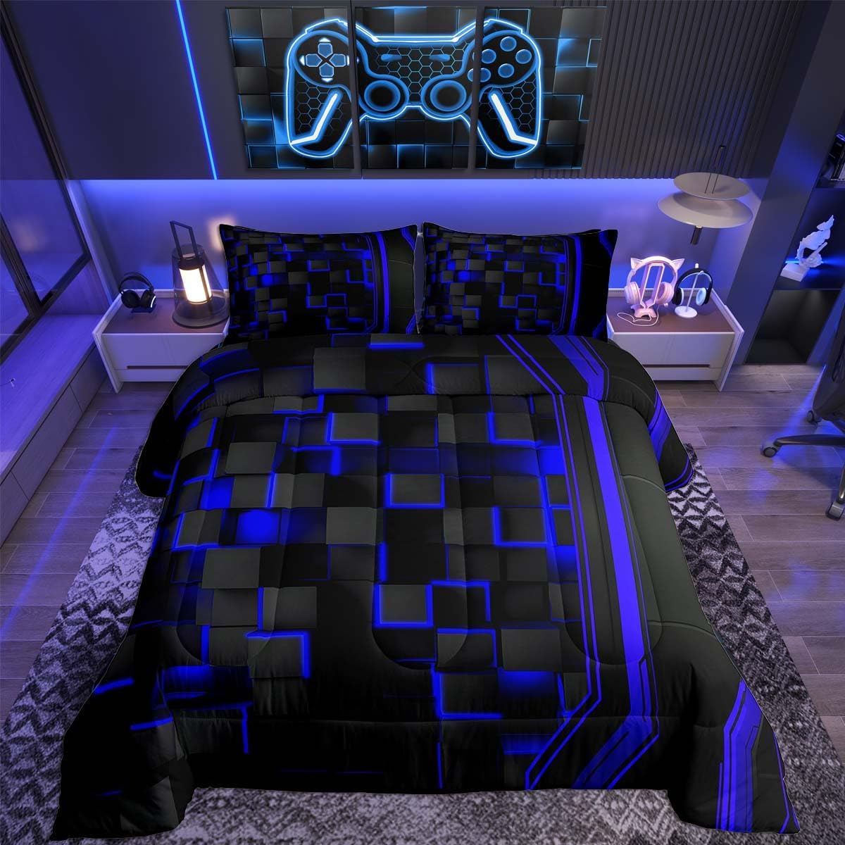 Feelyou Blue Black Comforter Set Bedding Set for Kids Boys Girls Room Decor Geometric Honeycomb Duvet Quilt Queen Size Modern Geometrical 3Pcs