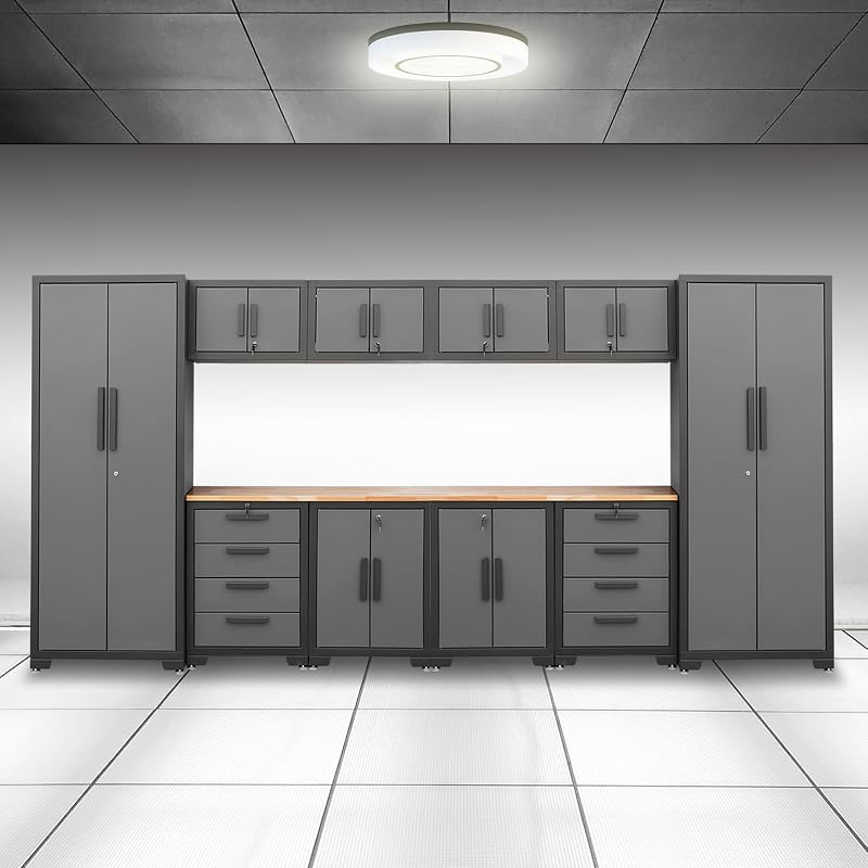 Torin Sistema de gabinete de almacenamiento para garaje de 12 piezas, juego de gabinete de taller en negro | Incluye cofre organizador de herramientas de taller con taquillas, estantes y banco de trabajo de madera, negro/gris