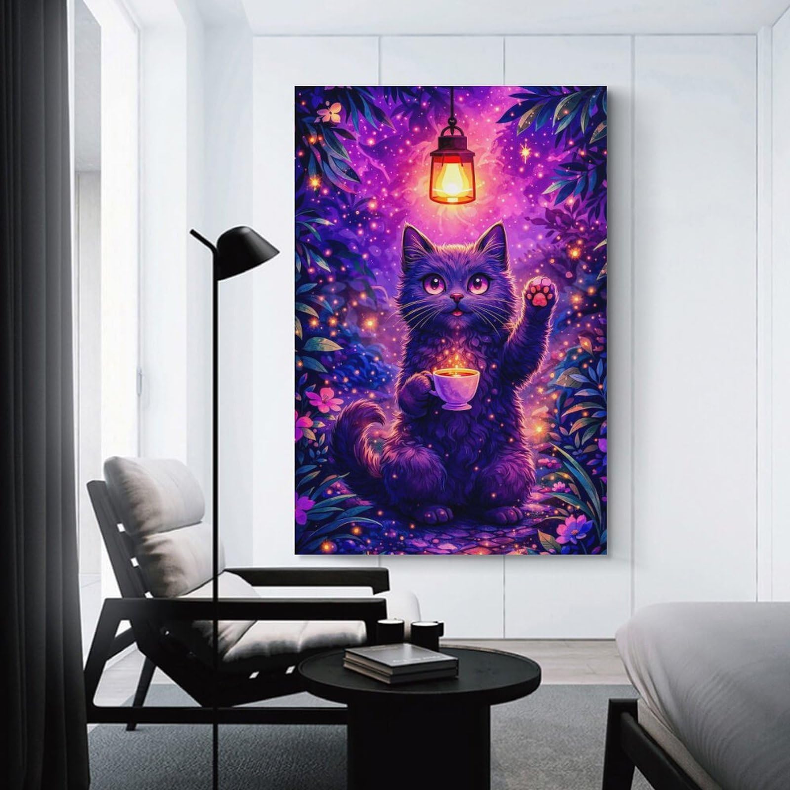 Junmoney Unframe-Style-4 Enchanting Cat With Tea In Magical Forest Home Decor Wall Art 20X30inch(50X75cm), For Restful Interiors, Bedrooms Or Small Rooms, Decorative Wall Art For Cosy Rooms