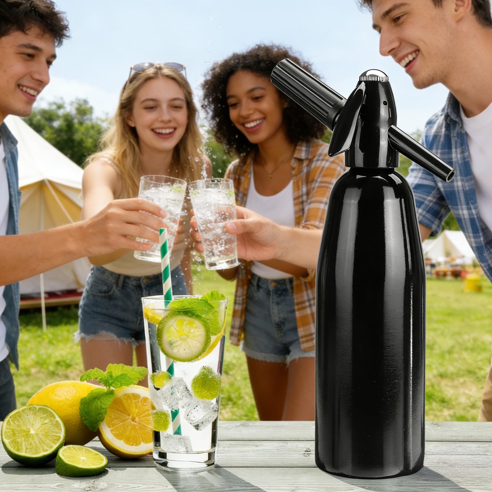 Siphon à soda portable de 1 L – Machine à soda en aluminium pour faire soi-même de l'eau gazeuse gazeuse, kit de bouteille d'eau gazeuse nostalgique pour rafraîchir Seltzer, cocktails, jus et boissons