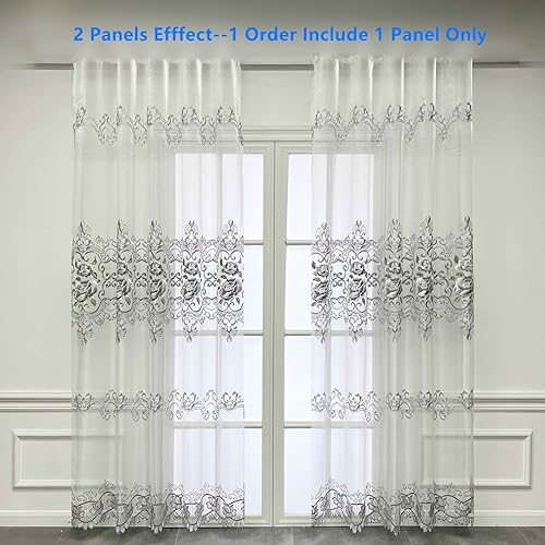 Miniatura 2 de Cortina romántica para ventana, con bolsillo para barra, moderna con bordado de flores grises, cortina europea para comedor, gasa de lujo para sala